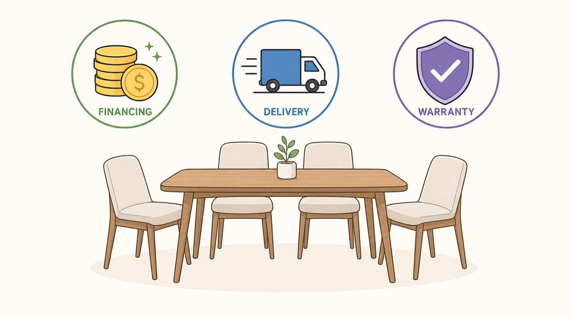 A dining table set featuring four chairs and a small plant, illustrated with financing, delivery, and warranty icons.