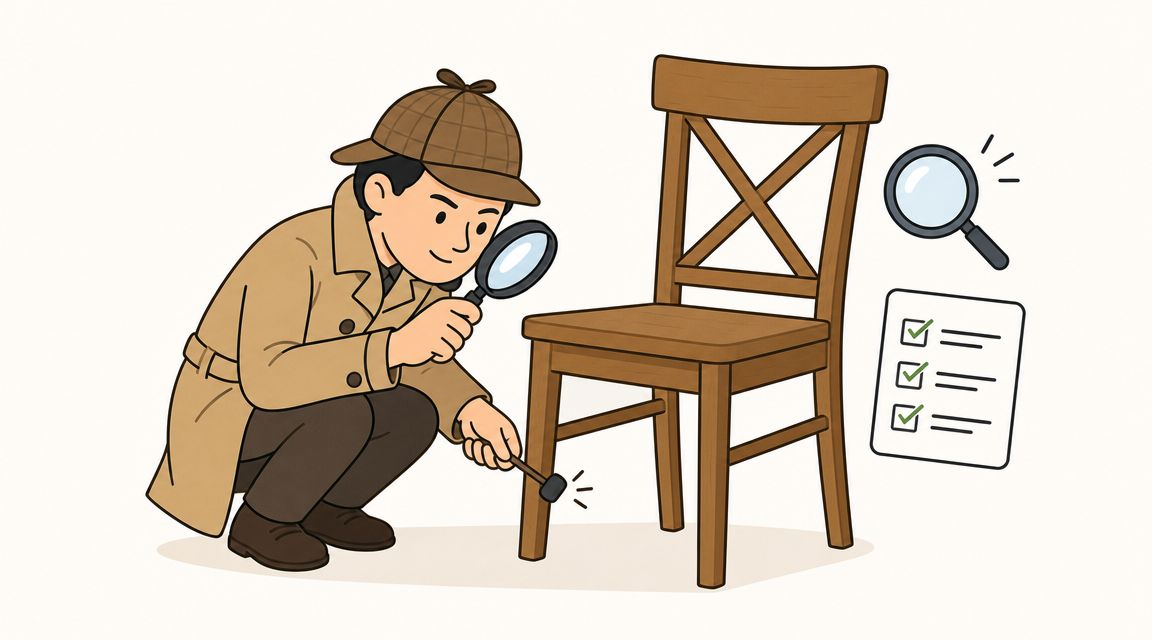 A detective examines a wooden dining chair with a magnifying glass and a small hammer for inspection.