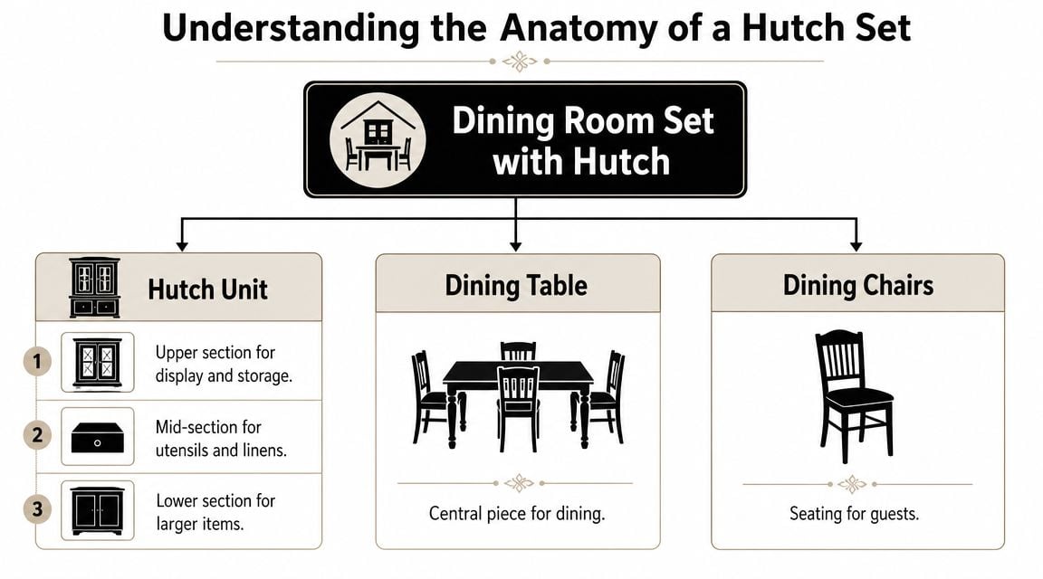 An infographic detailing the components of a dining room set, including the hutch, table, and chairs.