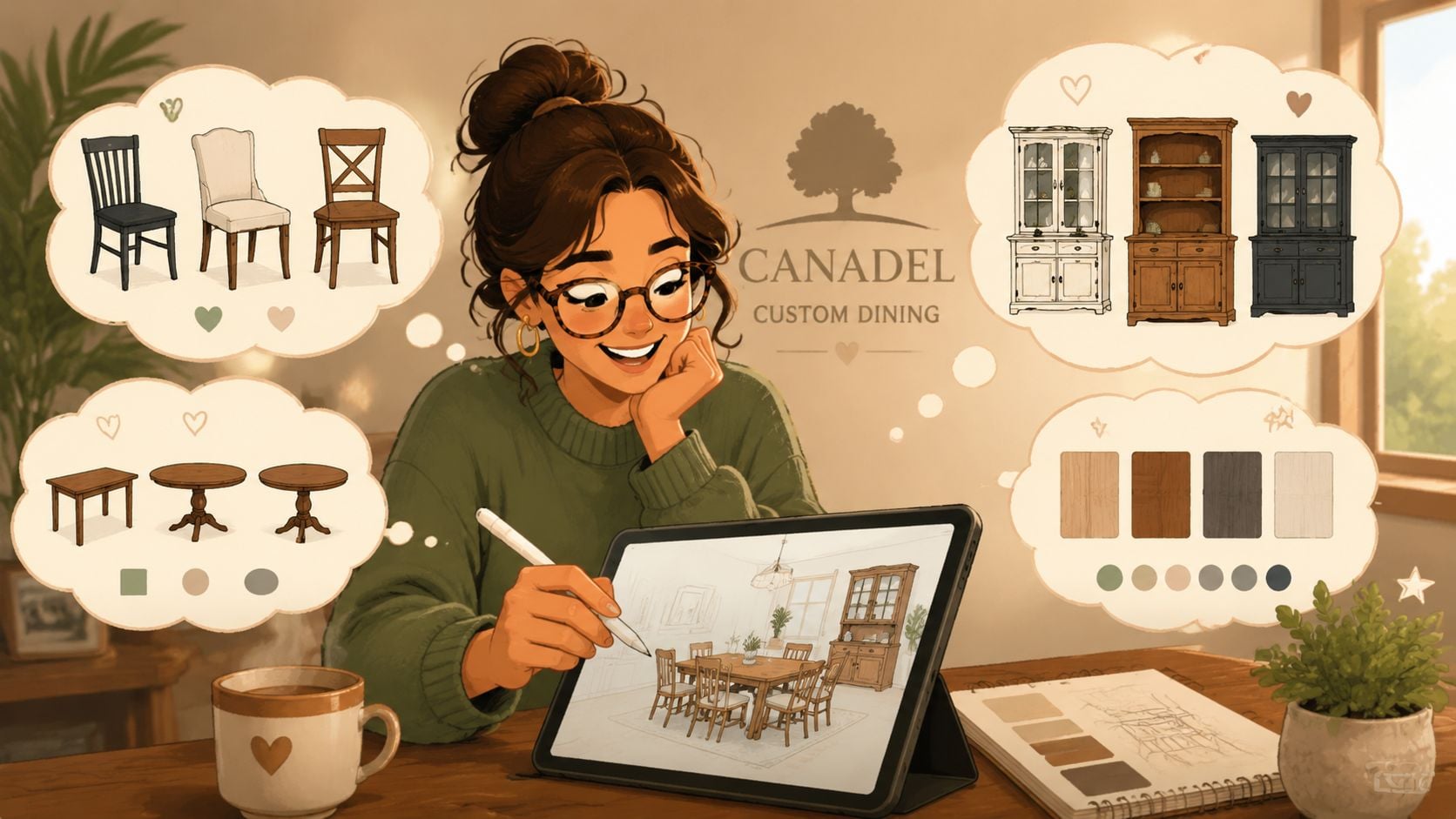 A woman designing a custom dining room set including a hutch and chairs on a digital tablet.