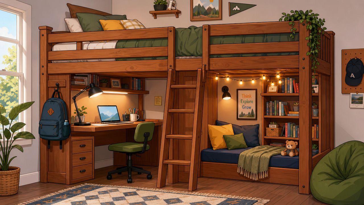 A cozy bedroom with a full wood loft bed featuring a desk area and reading nook underneath.