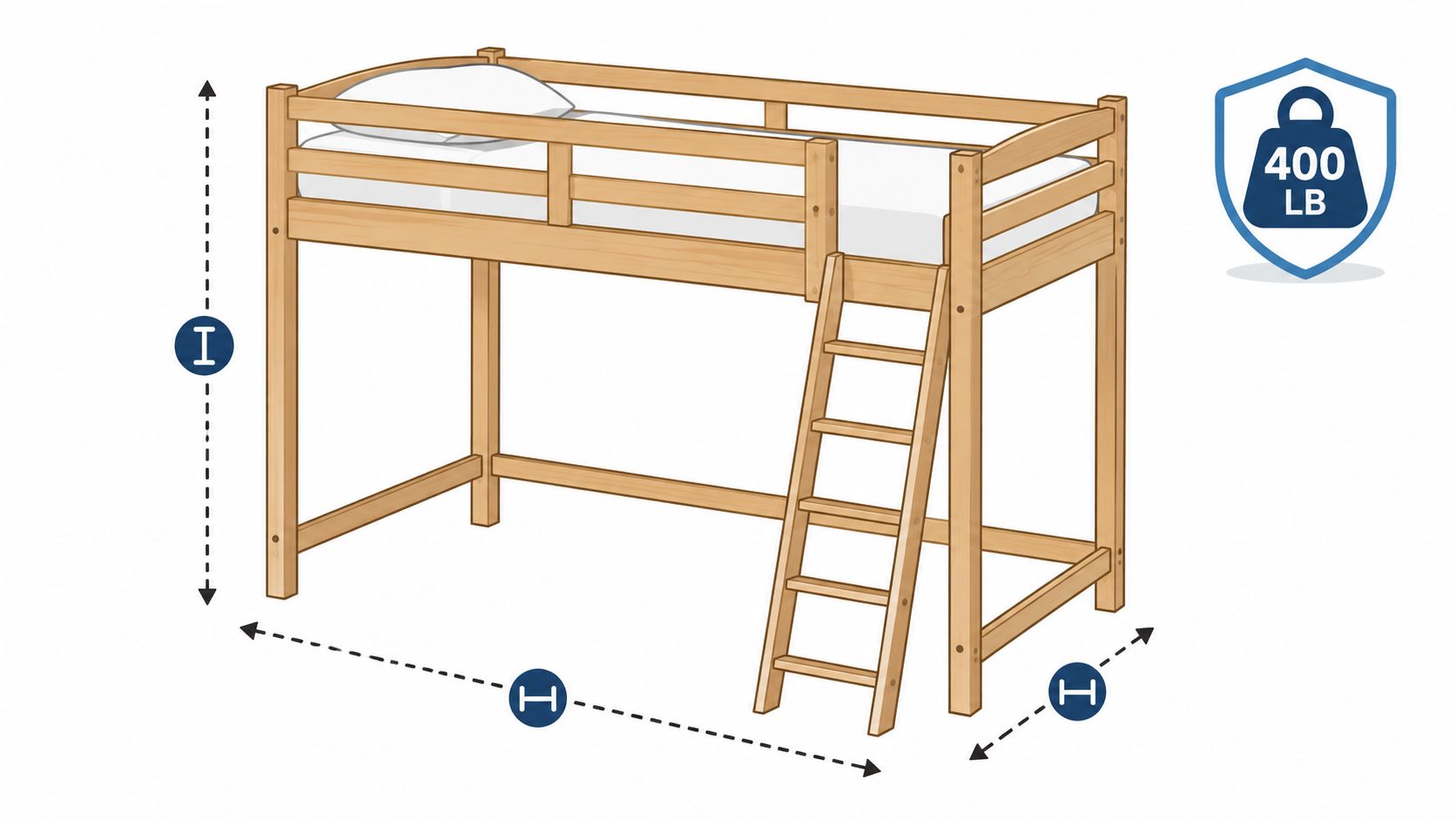 A wooden loft bed with an integrated ladder and a 400-pound weight capacity limit shown in an illustration.