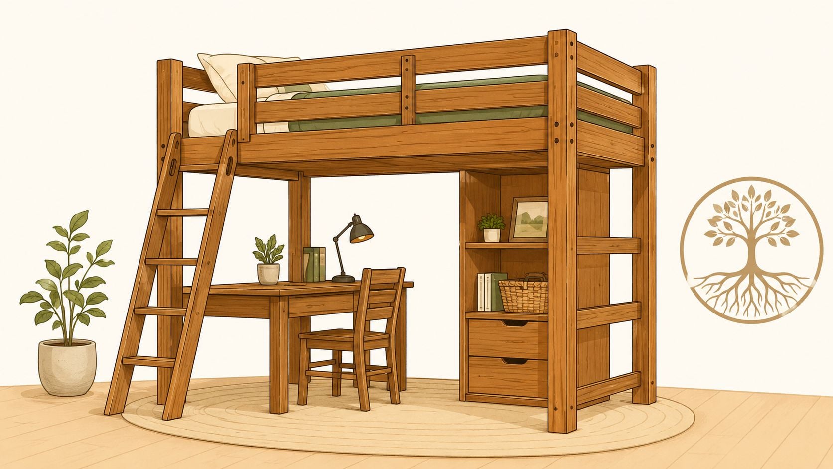 A wooden loft bed with an integrated desk, chair, and shelving unit in a minimalist bedroom setting.