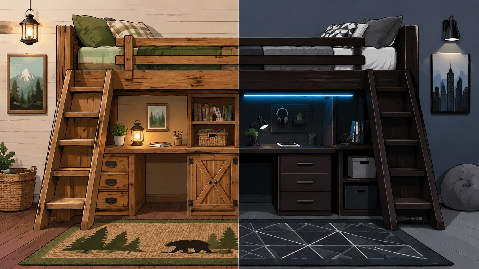 A split image showing a rustic wood loft bed room and a modern dark aesthetic loft bed room.