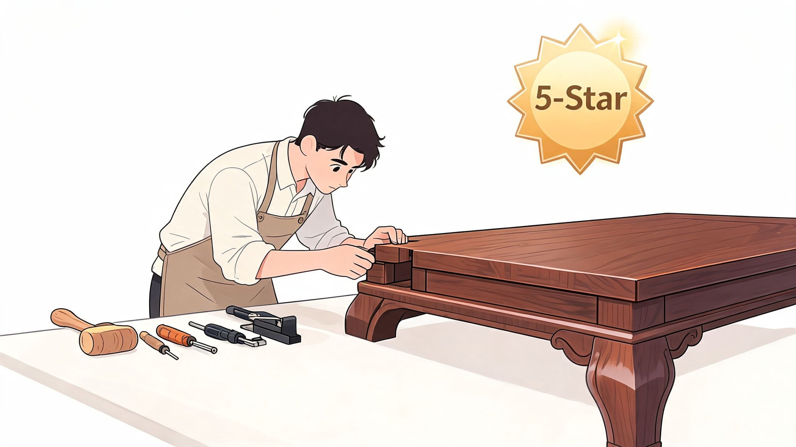 A professional carpenter working carefully on the assembly of a high-quality wooden table in his workshop.