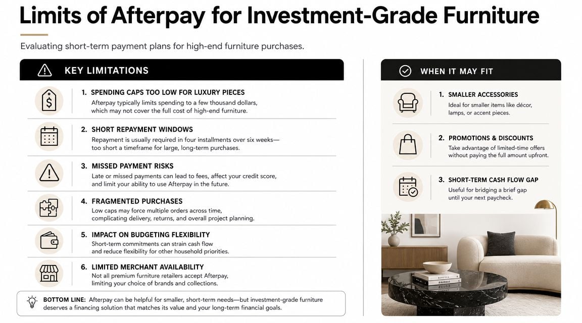 An infographic detailing the key limitations and appropriate use cases of using Afterpay for investment-grade furniture.