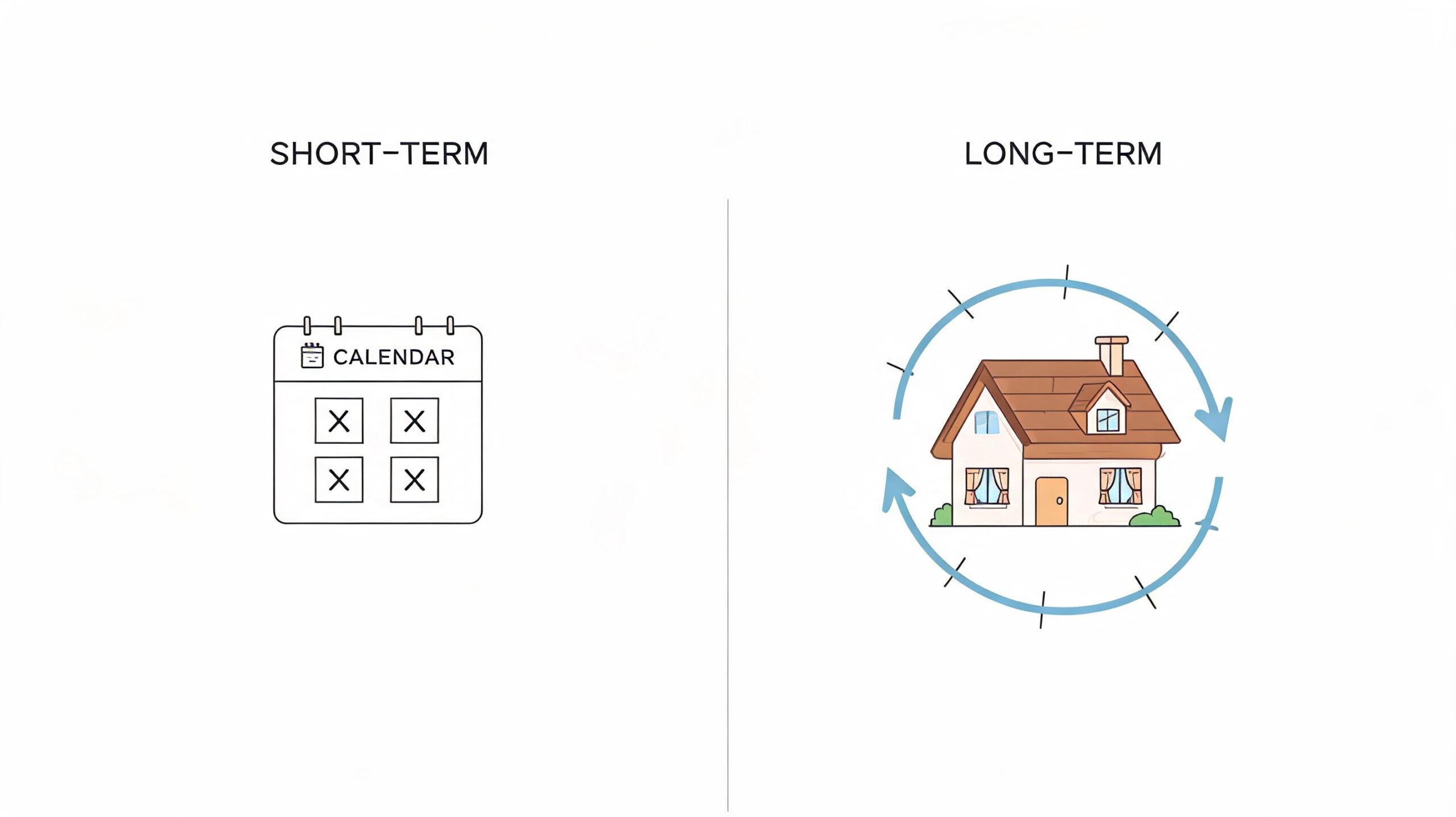 A comparison image showing a calendar icon for short-term and a house icon for long-term concepts.