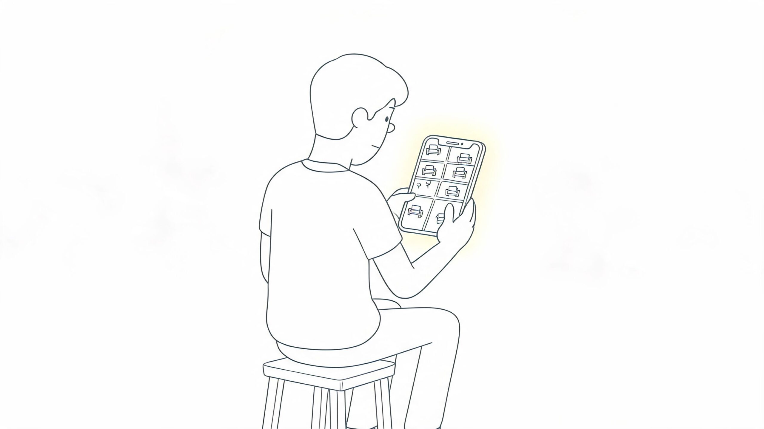 An illustration of a person sitting on a stool and browsing furniture on their mobile phone screen.