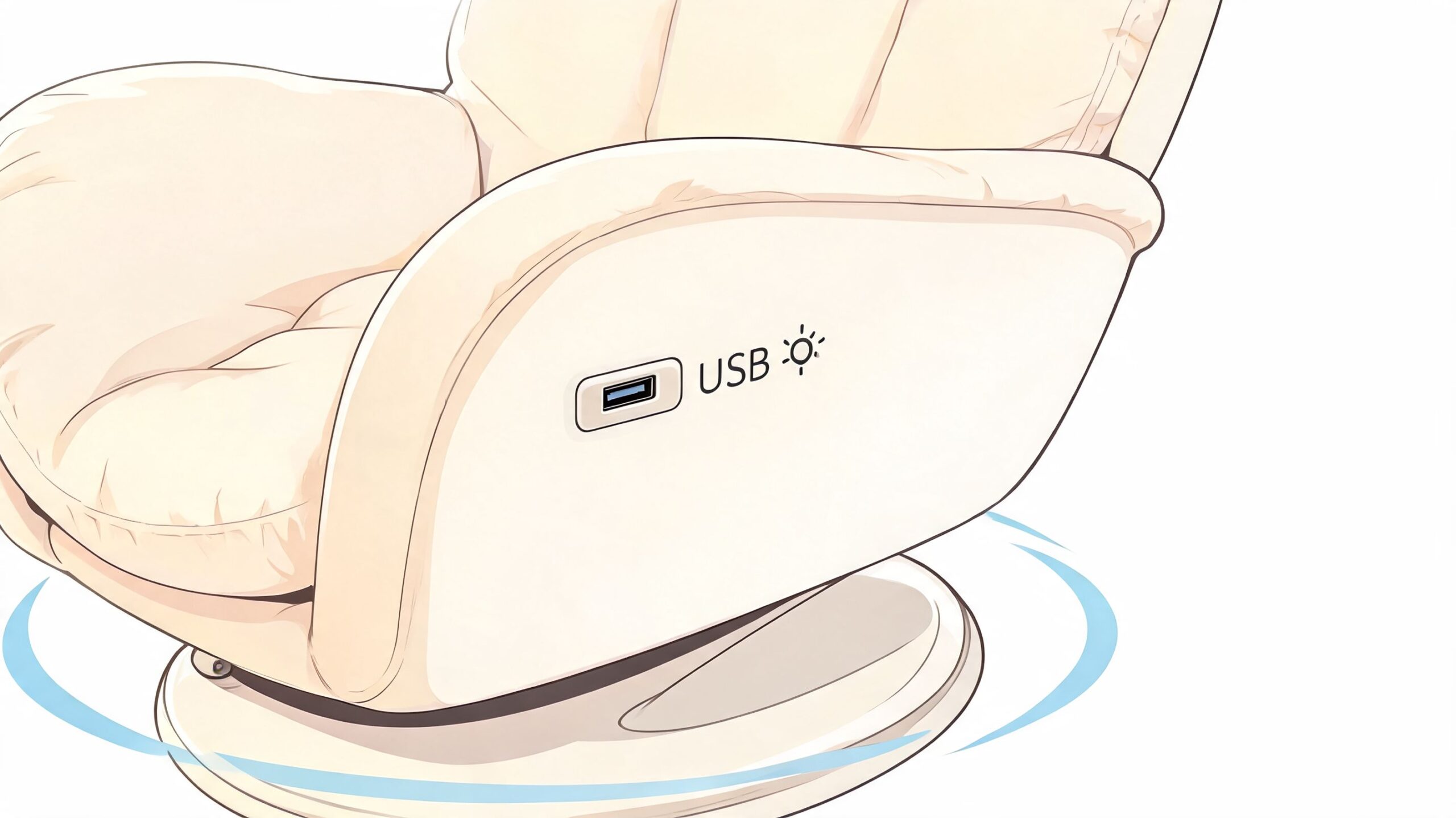 A close-up illustration of a cream-colored nursery glider chair featuring a built-in USB charging port.