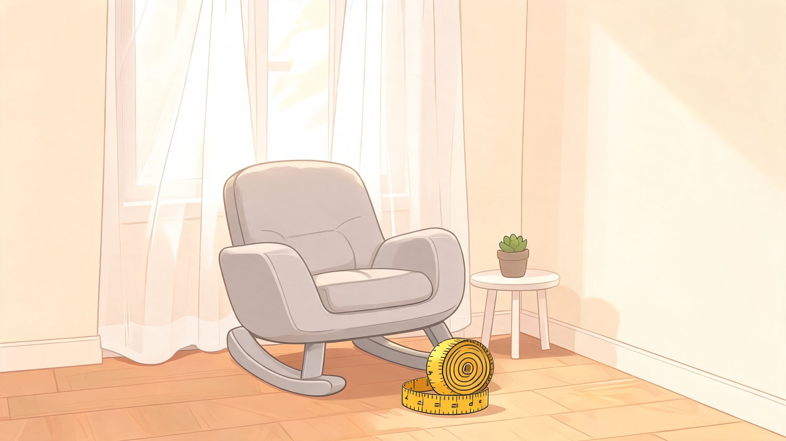 A modern grey nursery glider chair sits in a sunlit room next to a small wooden side table.
