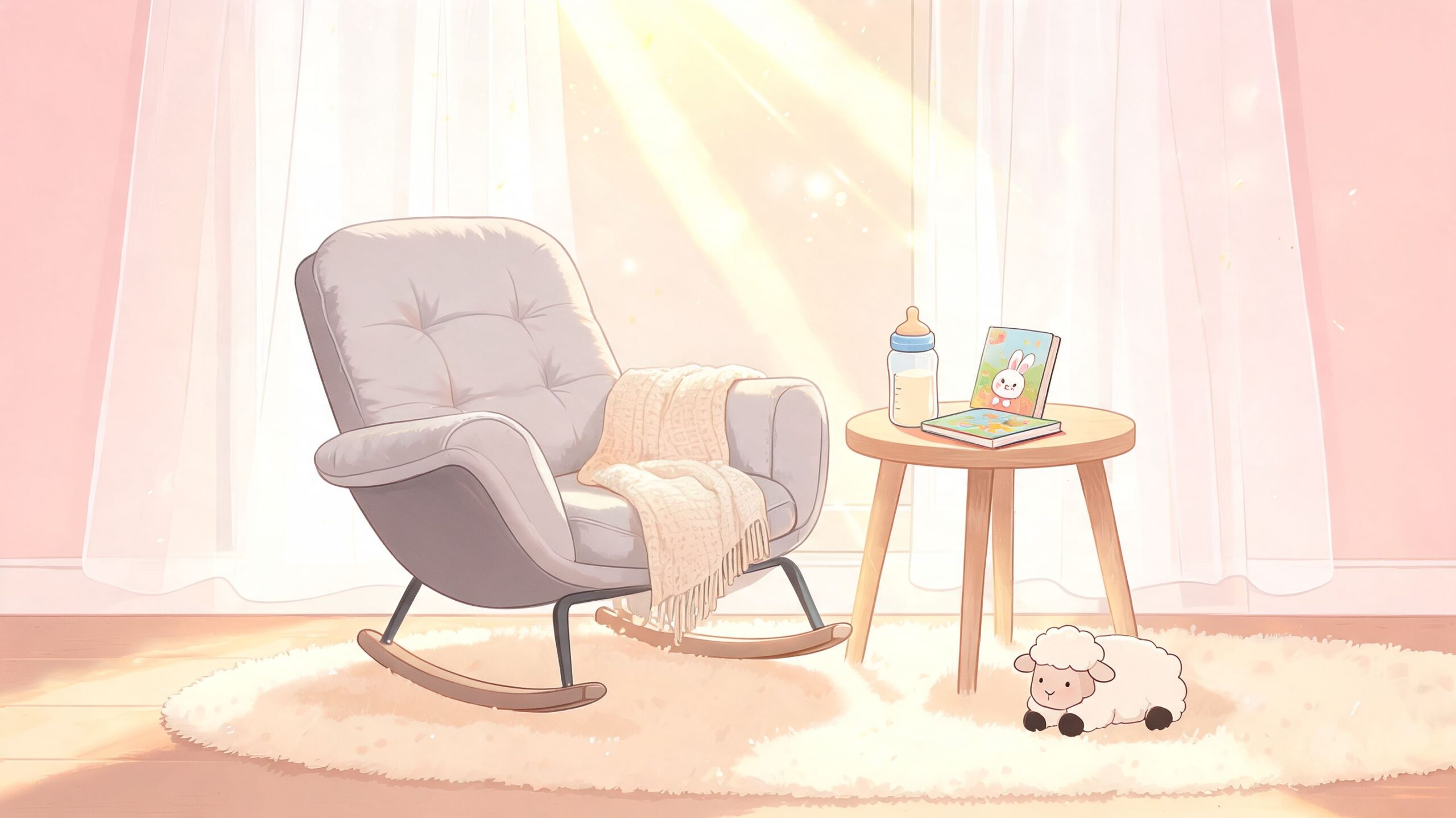 A cozy grey nursery rocking chair next to a small wooden table with a baby bottle and book.