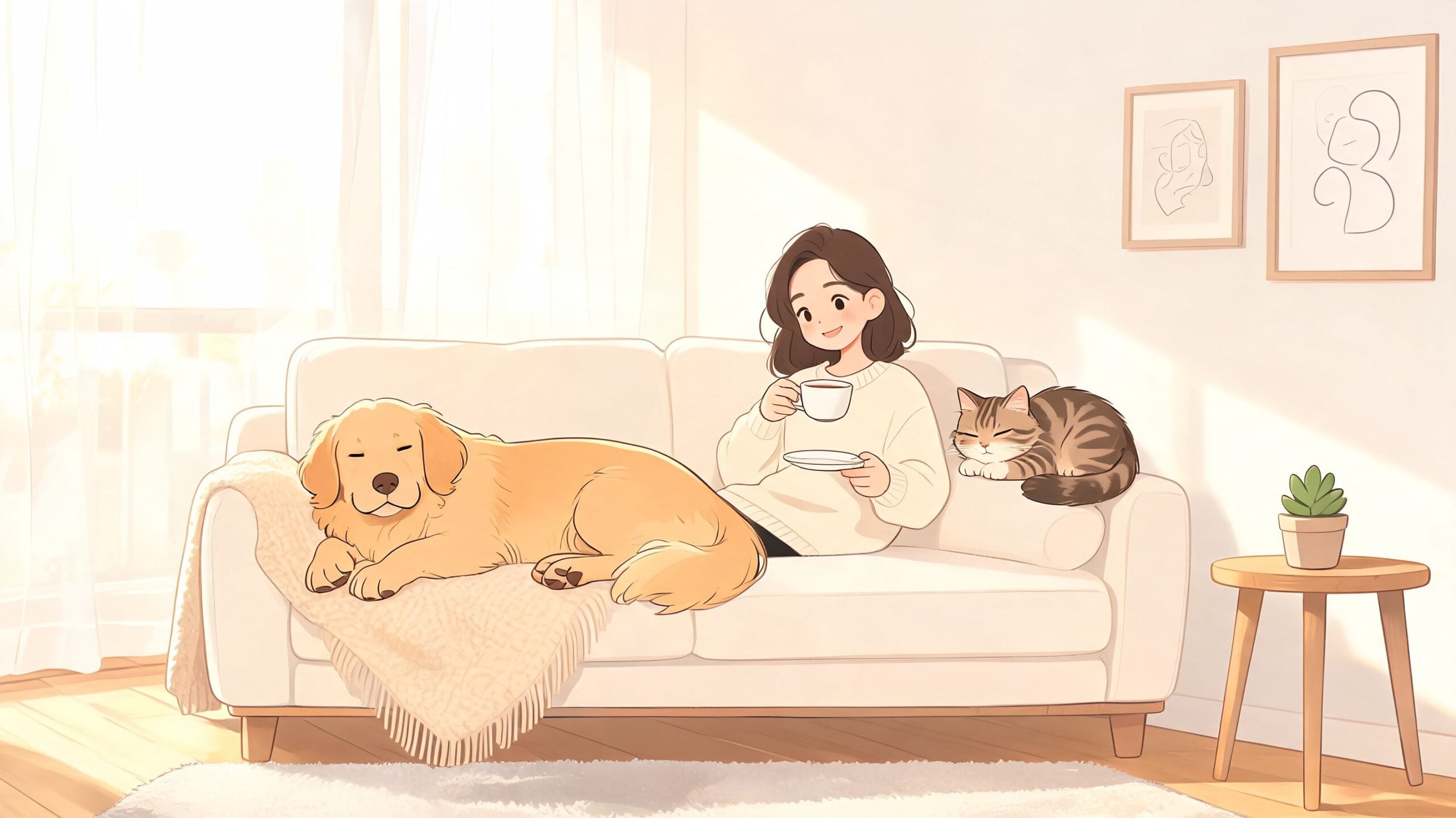 A happy woman relaxing on a white sofa with her sleeping golden retriever and tabby cat.
