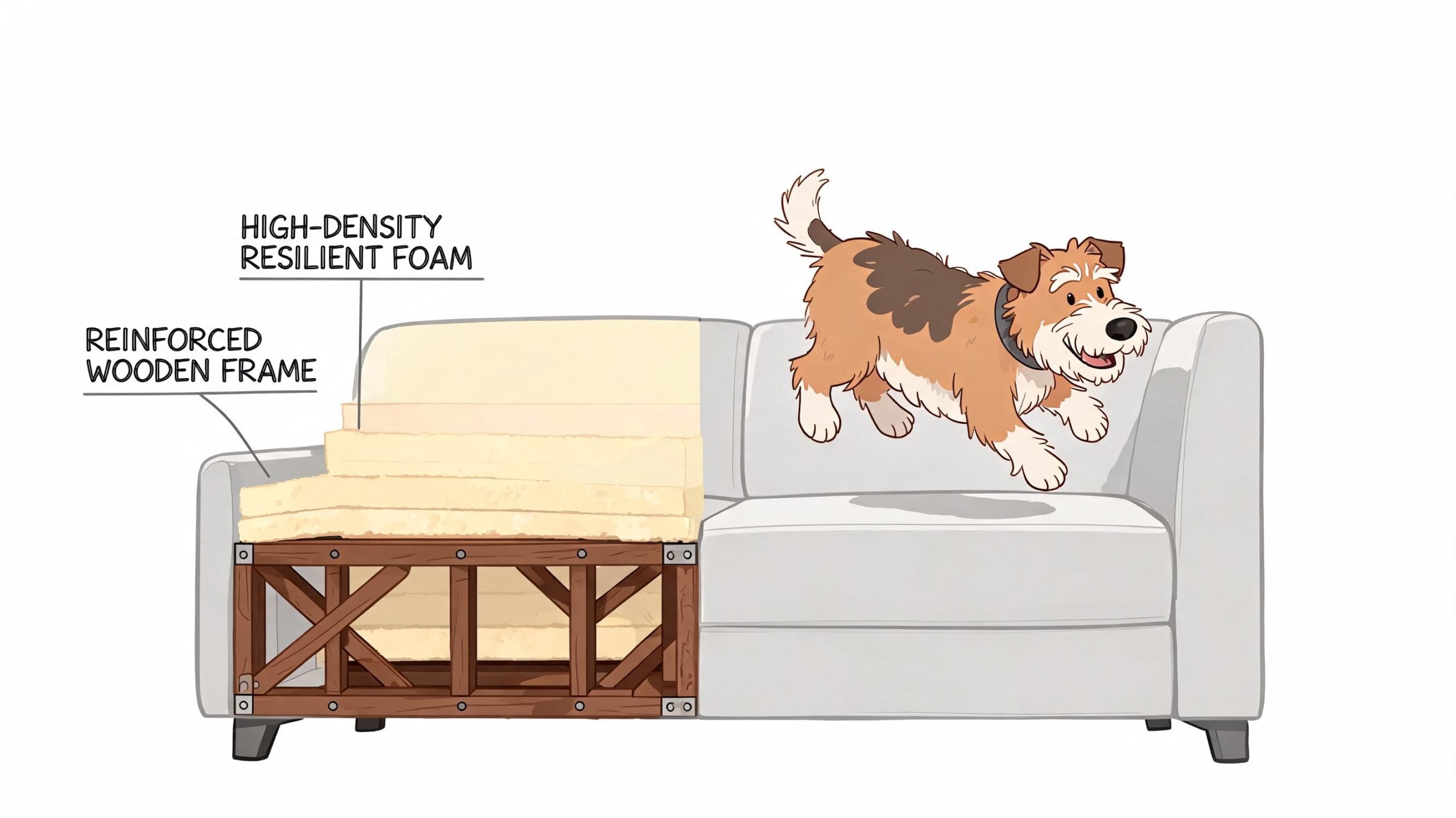 A cutaway illustration of a durable sofa showing reinforced wooden frame and high-density foam for pets.