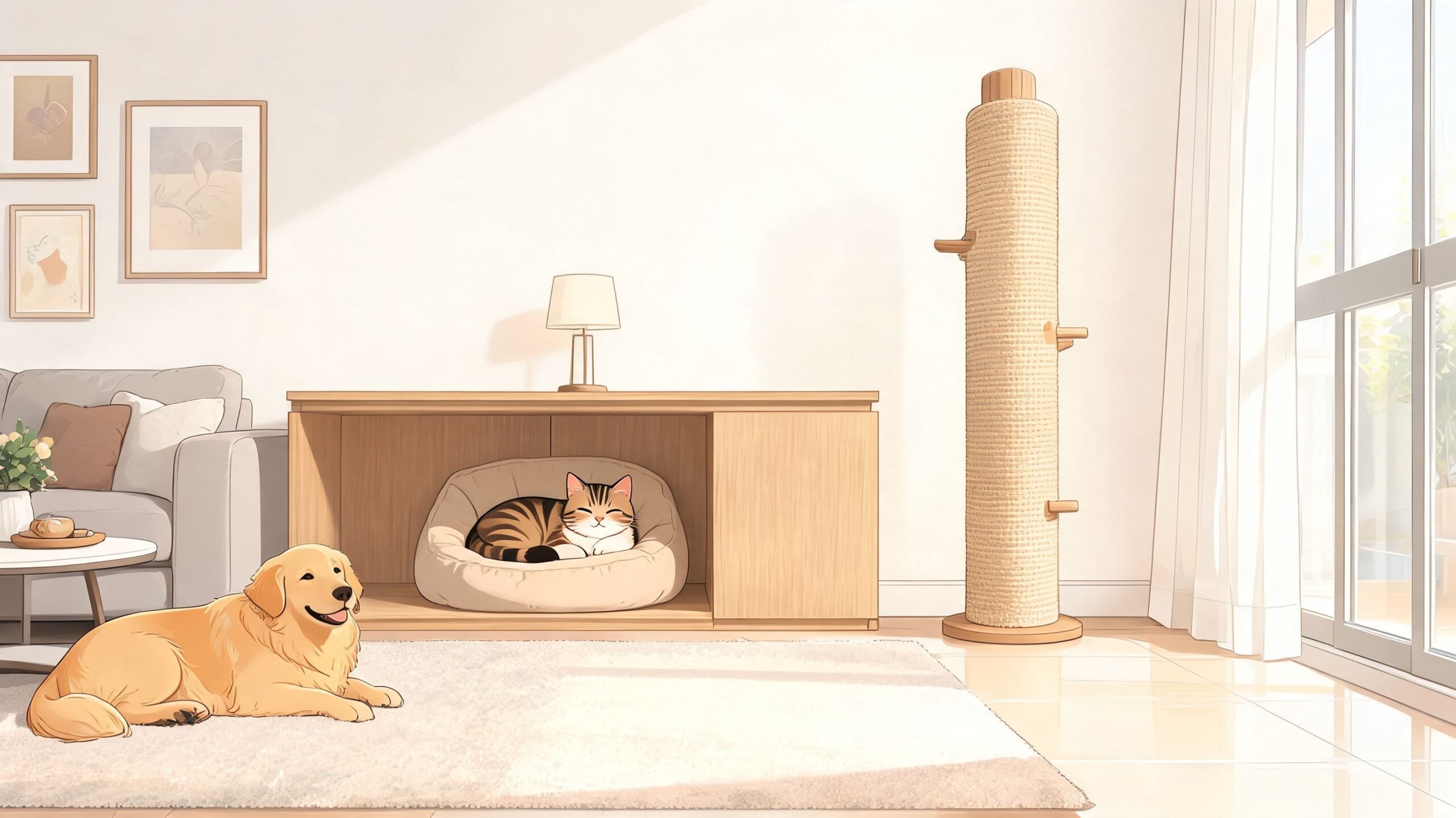 A cozy, sunlit living room featuring a golden retriever on a rug and a cat sleeping in pet-friendly furniture.