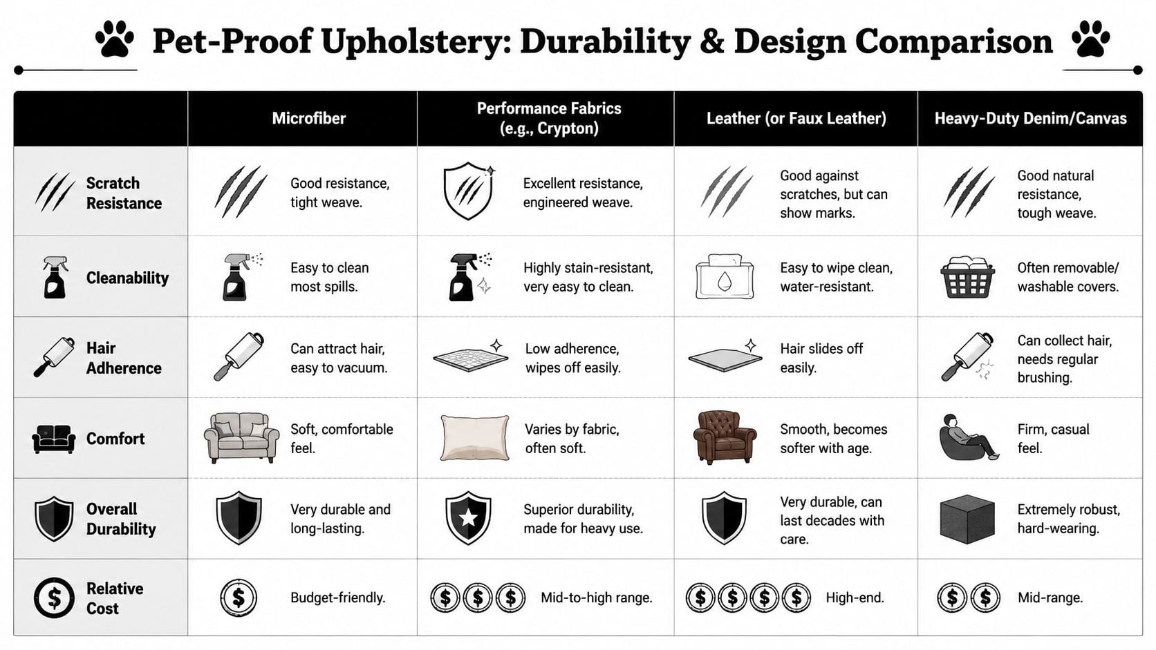 A comparison chart outlining the durability, cleanability, and comfort of different upholstery fabrics for pet owners.