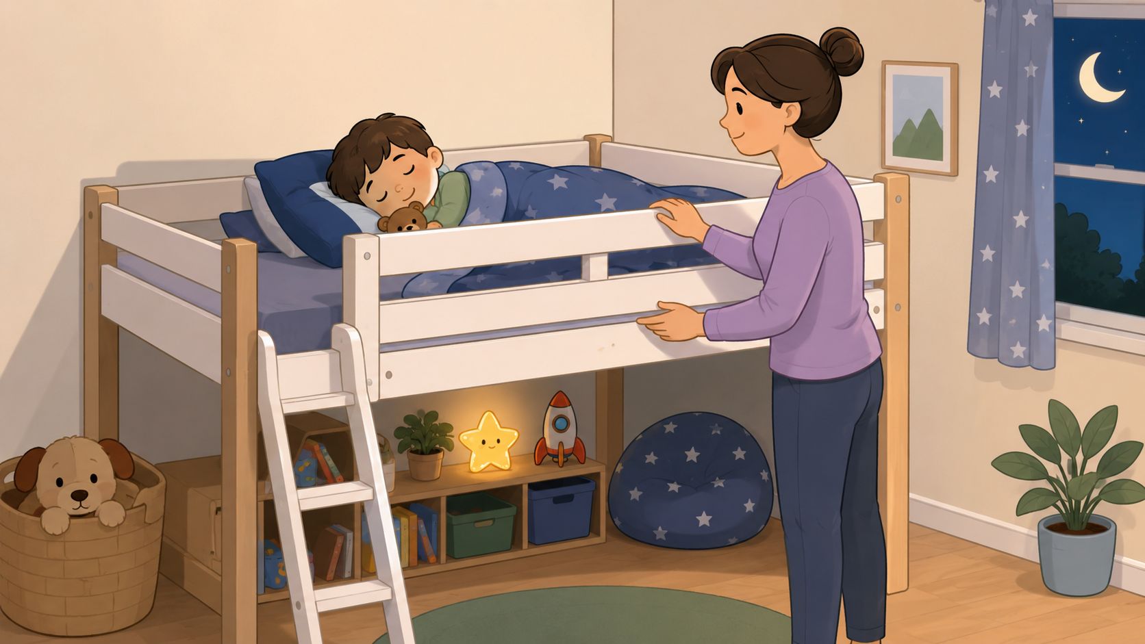 A mother gently tucking her young child into bed in a cozy, decorated bedroom at night.