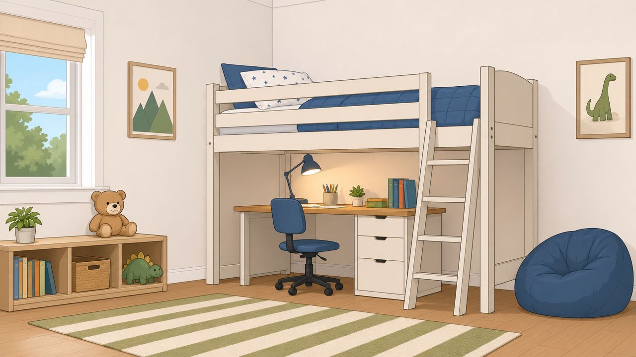 A cozy, illustrated children's bedroom featuring a white loft bed with a built-in study desk and storage.
