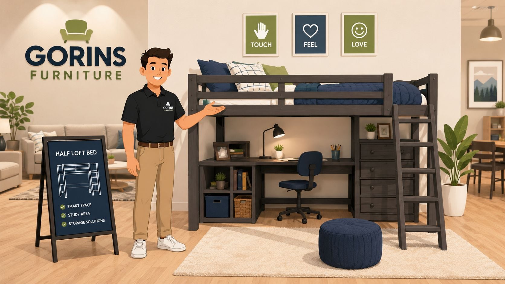 A smiling customer service representative gesturing toward a dark wood half loft bed featuring an integrated desk area.