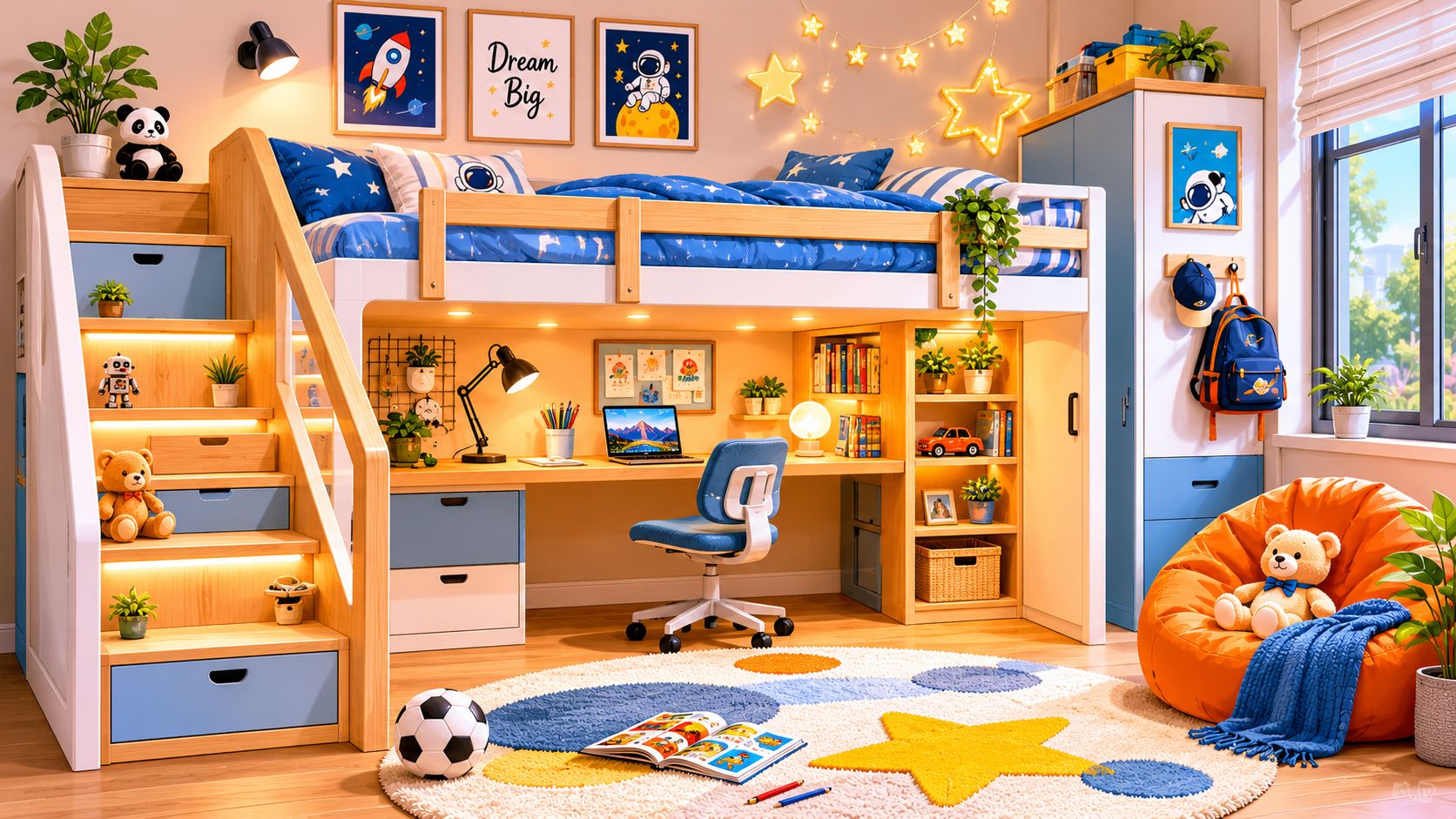 A modern, colorful children's bedroom featuring a loft bed, integrated study desk, and playful space decor.