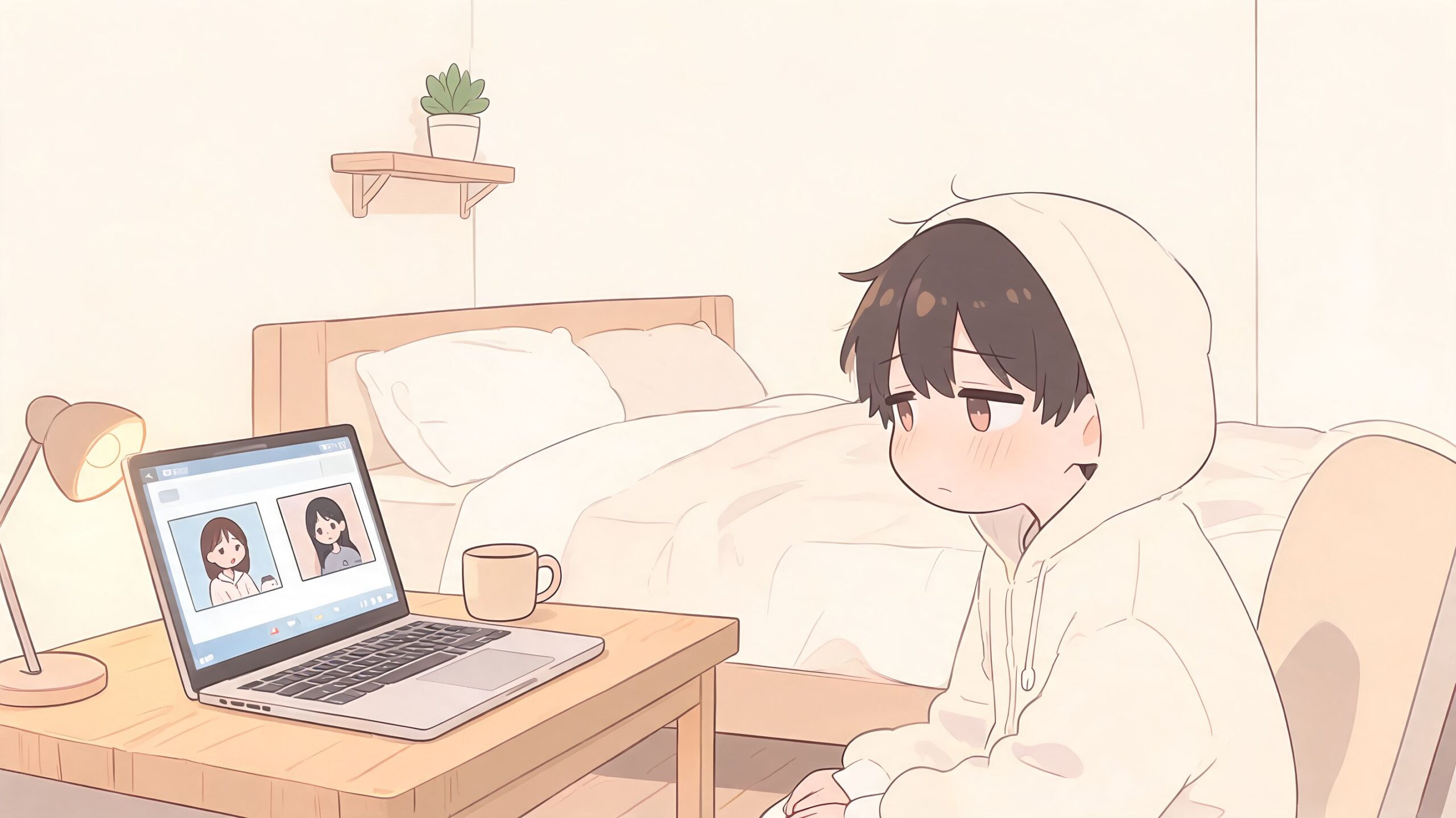An anime-style boy sitting at a desk in a cozy bedroom while participating in a video call.