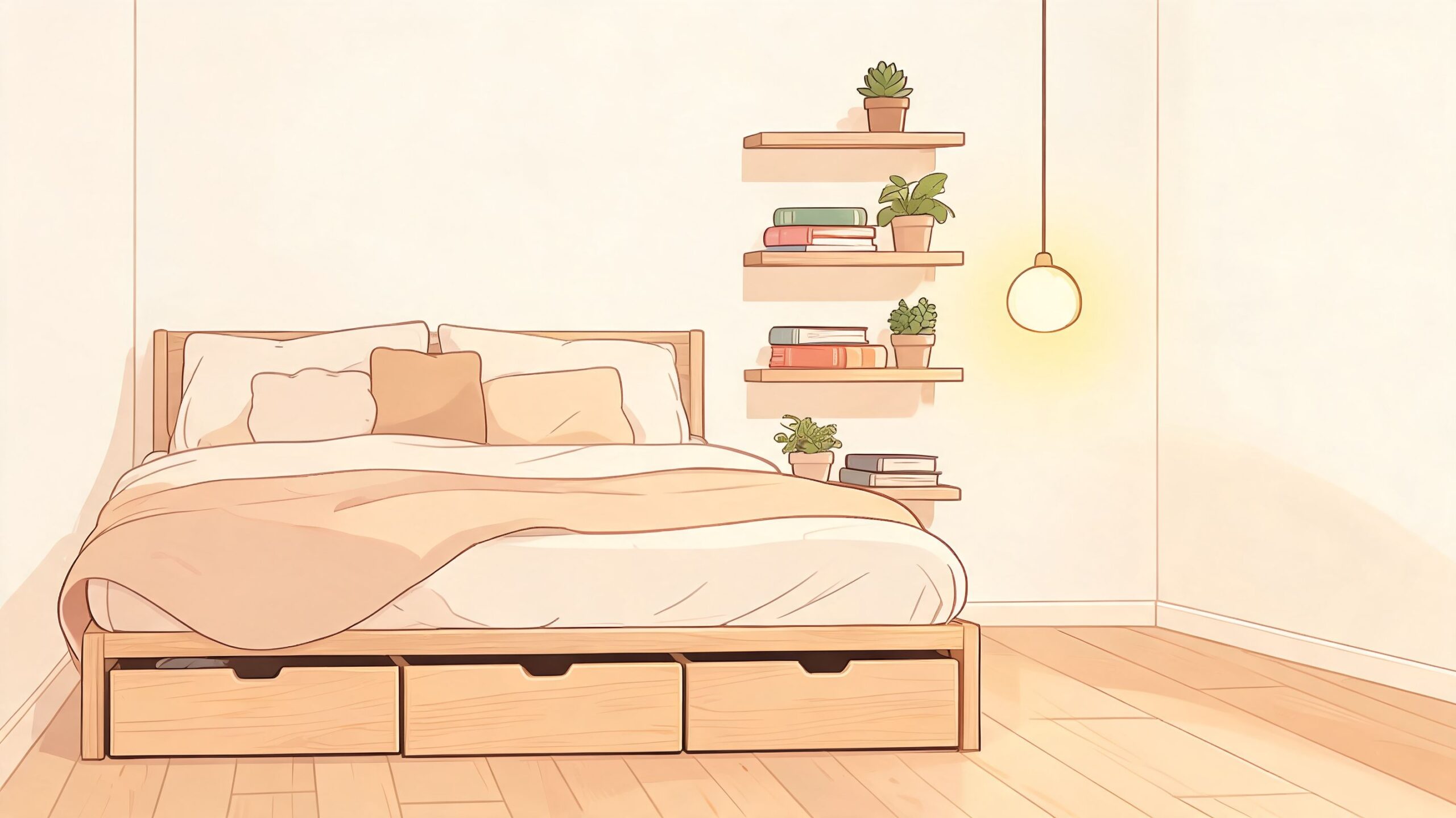 A cozy bedroom interior featuring a wooden bed with storage drawers and minimalist shelves on the wall.