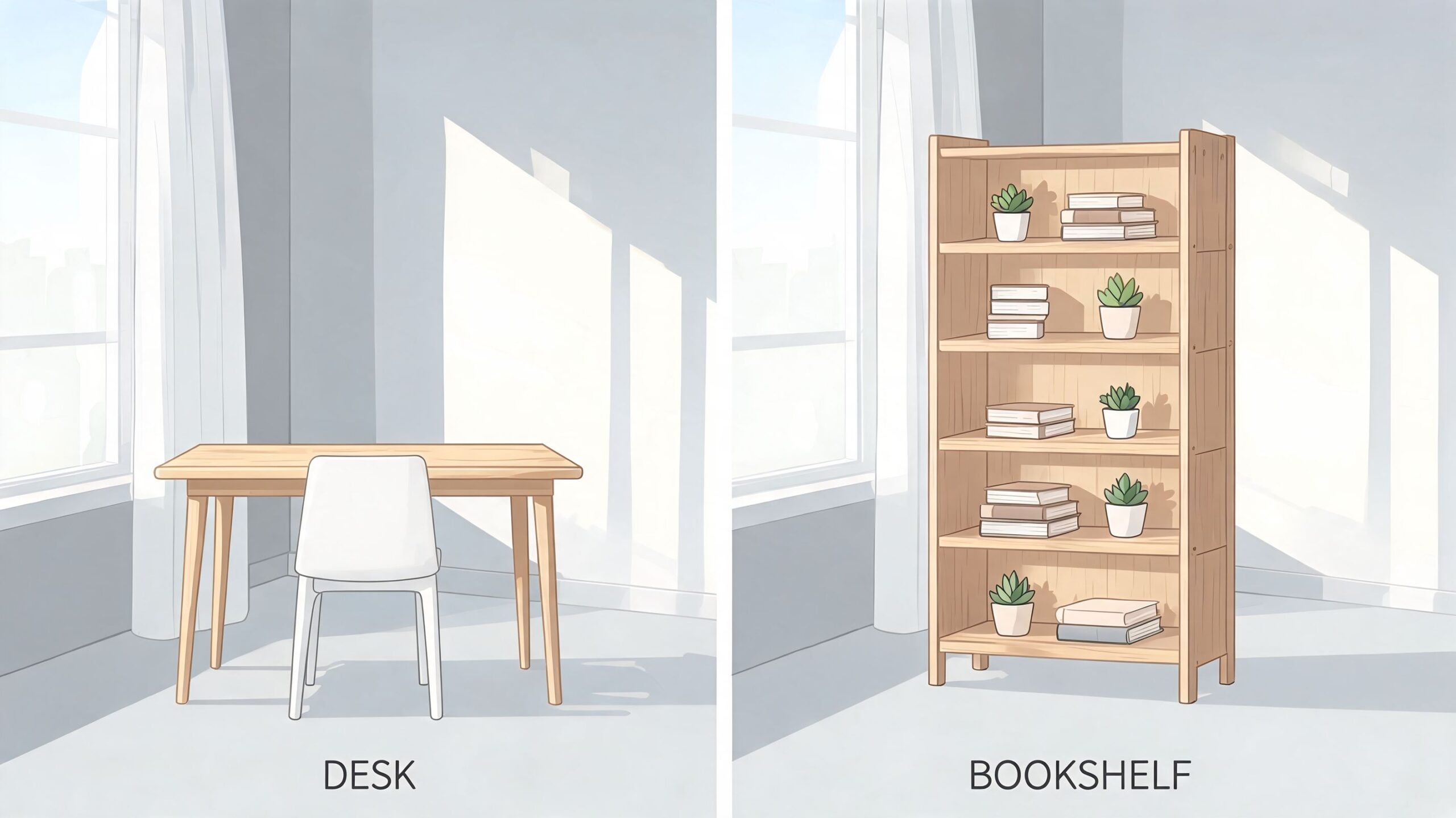 A split image showing a minimalist wooden desk with a chair and a matching tall bookshelf with plants and books.