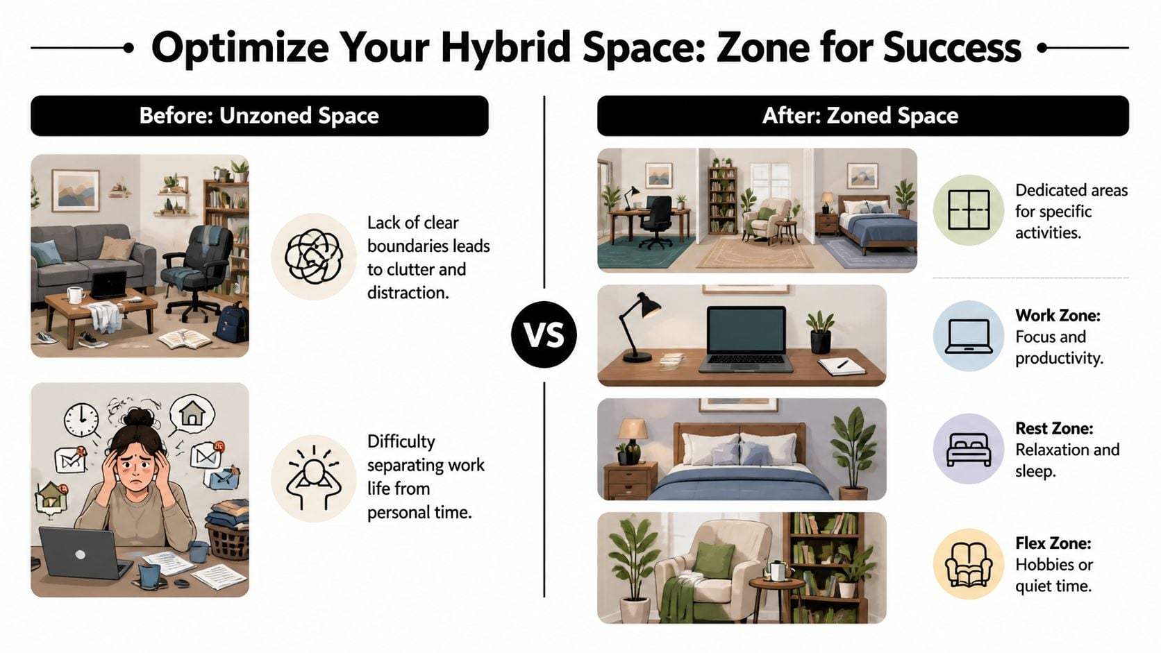 A diagram comparing an unorganized hybrid living space versus a well-organized zoned interior design layout.