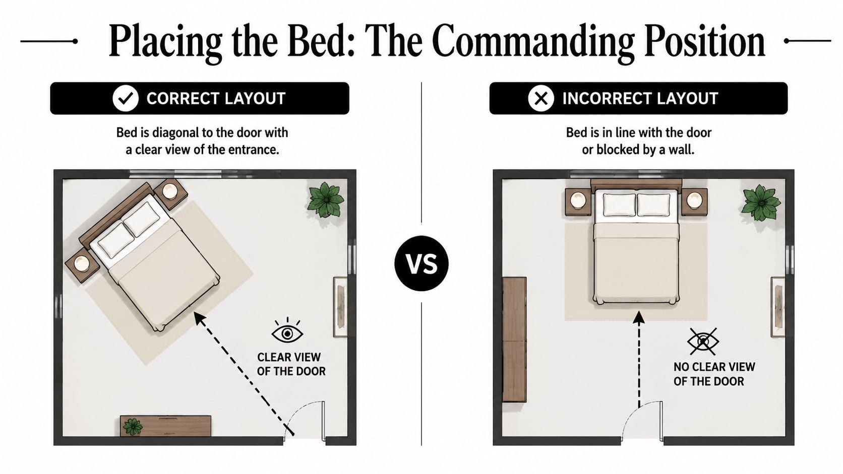 A diagram comparing the correct and incorrect placement of a bed in a bedroom for optimal feng shui.
