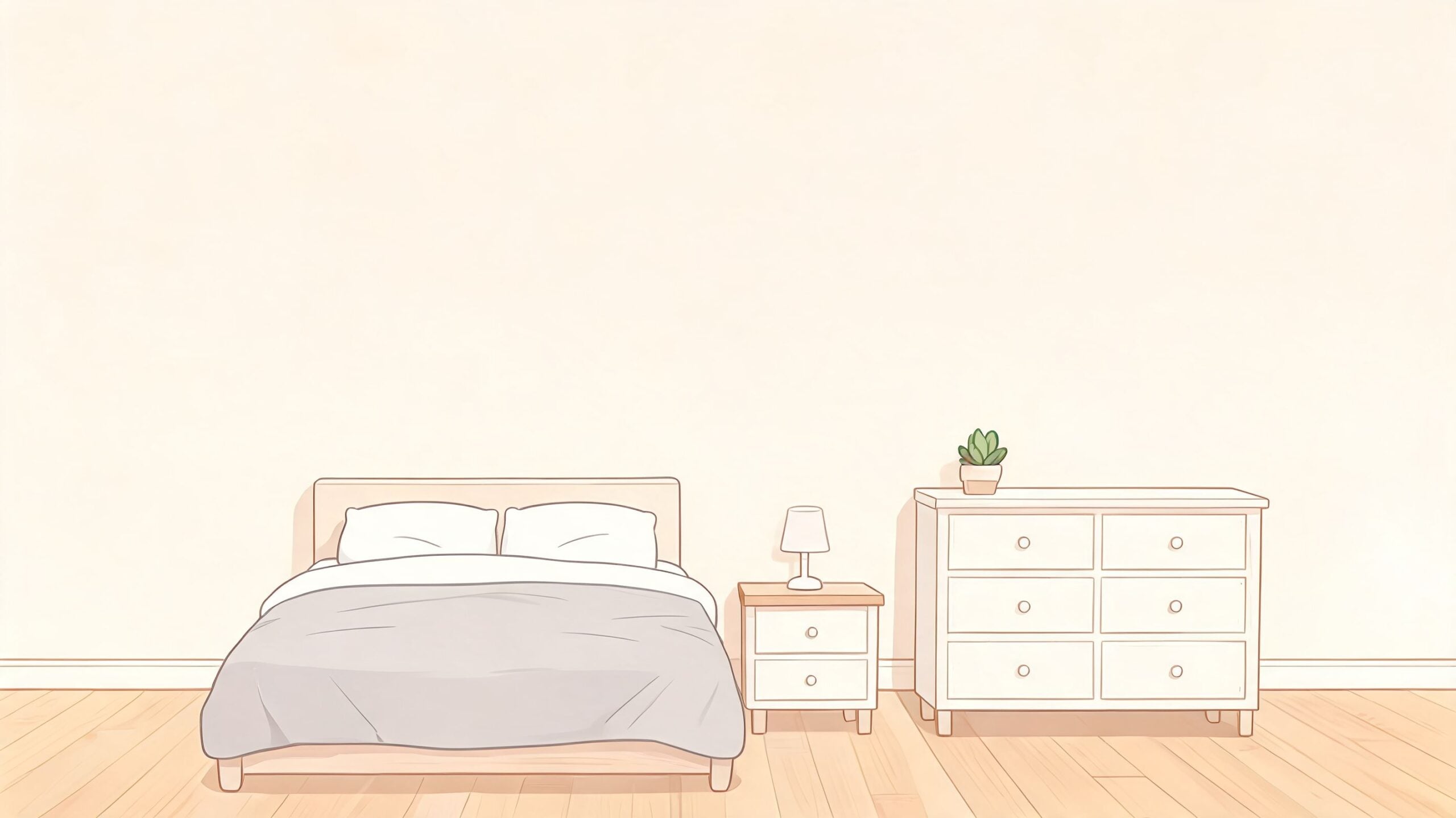 A minimal bedroom interior featuring a comfortable bed, a small nightstand with a lamp, and a dresser.