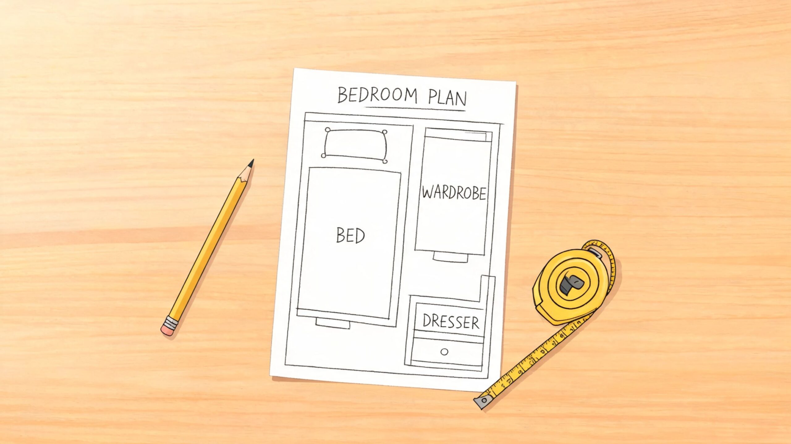 A hand-drawn bedroom floor plan on paper with a pencil and measuring tape on a wooden surface.