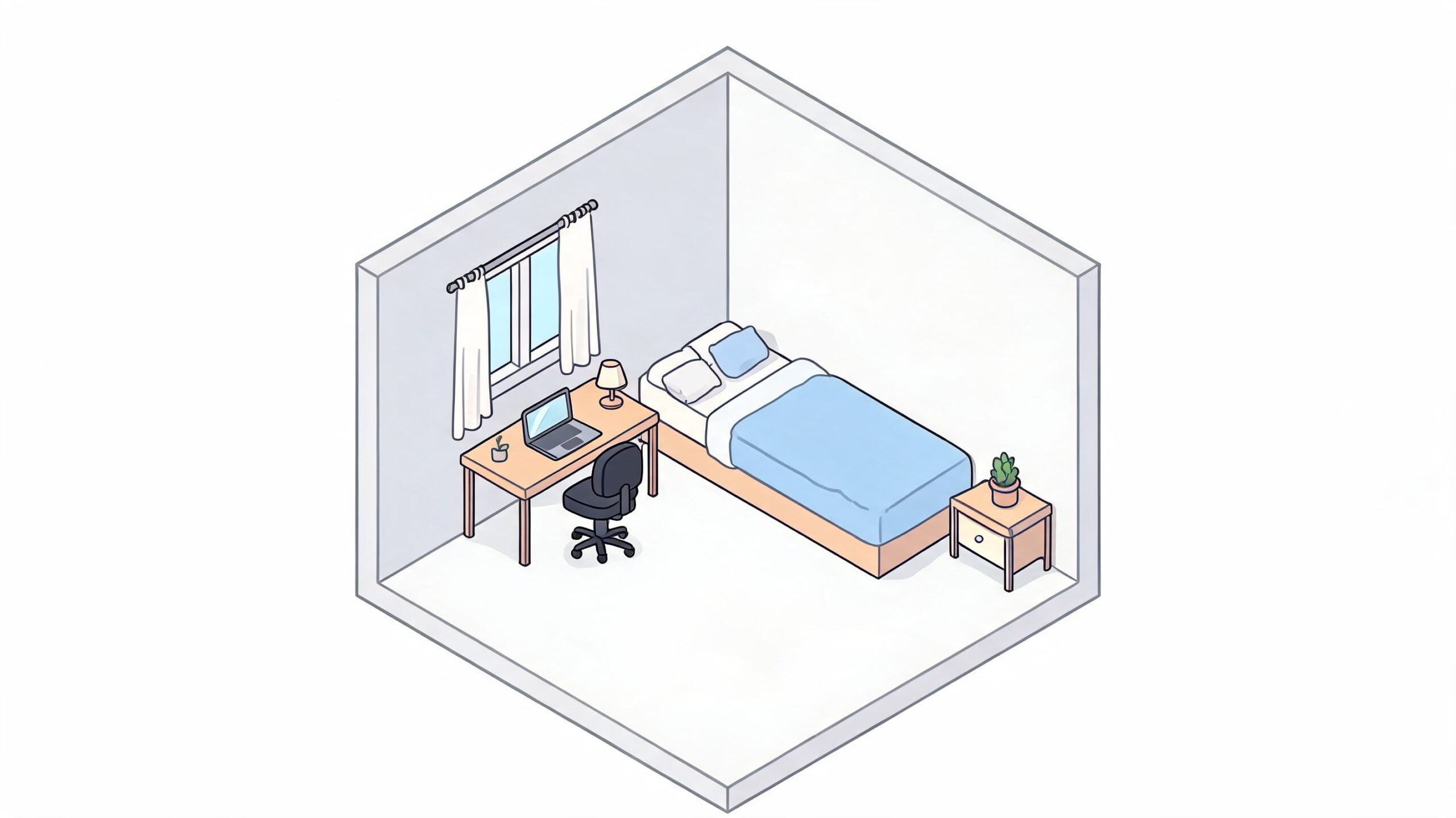 An isometric view of a clean, minimalist bedroom featuring a bed, a desk with a laptop, and a nightstand.