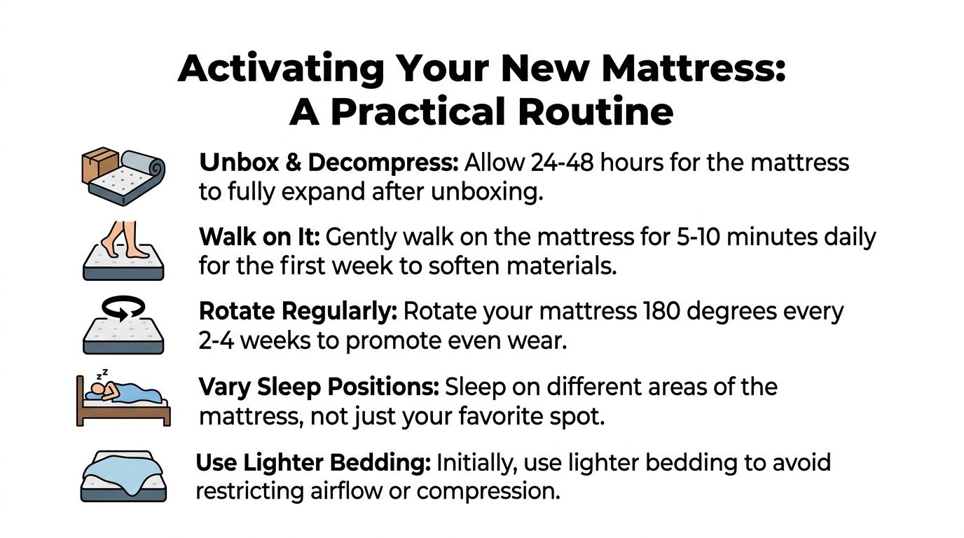 A guide showing five tips for breaking in a new mattress, including unboxing, walking, and rotation.