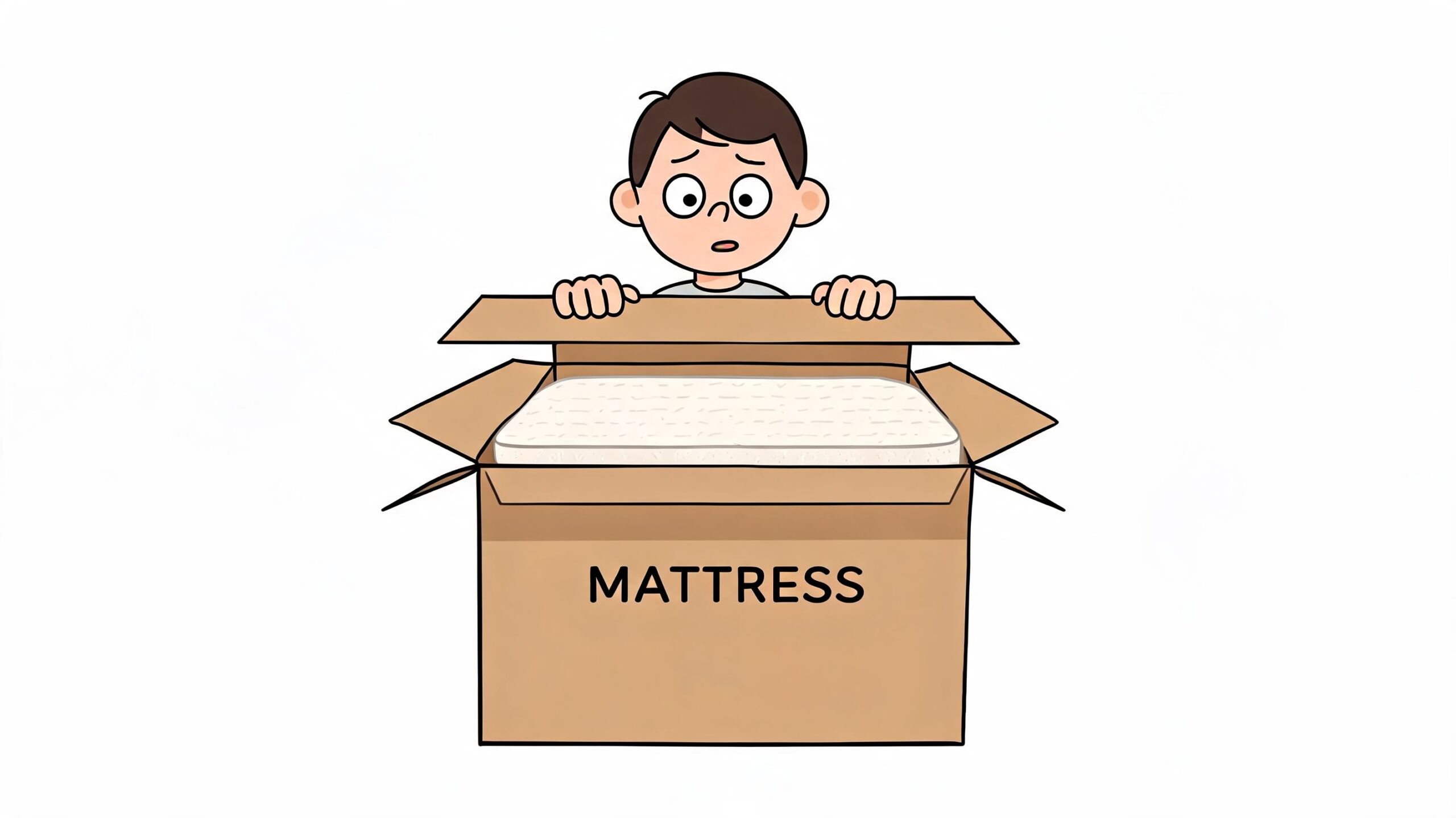 A cartoon man looking surprised while opening a cardboard box that contains a new mattress.