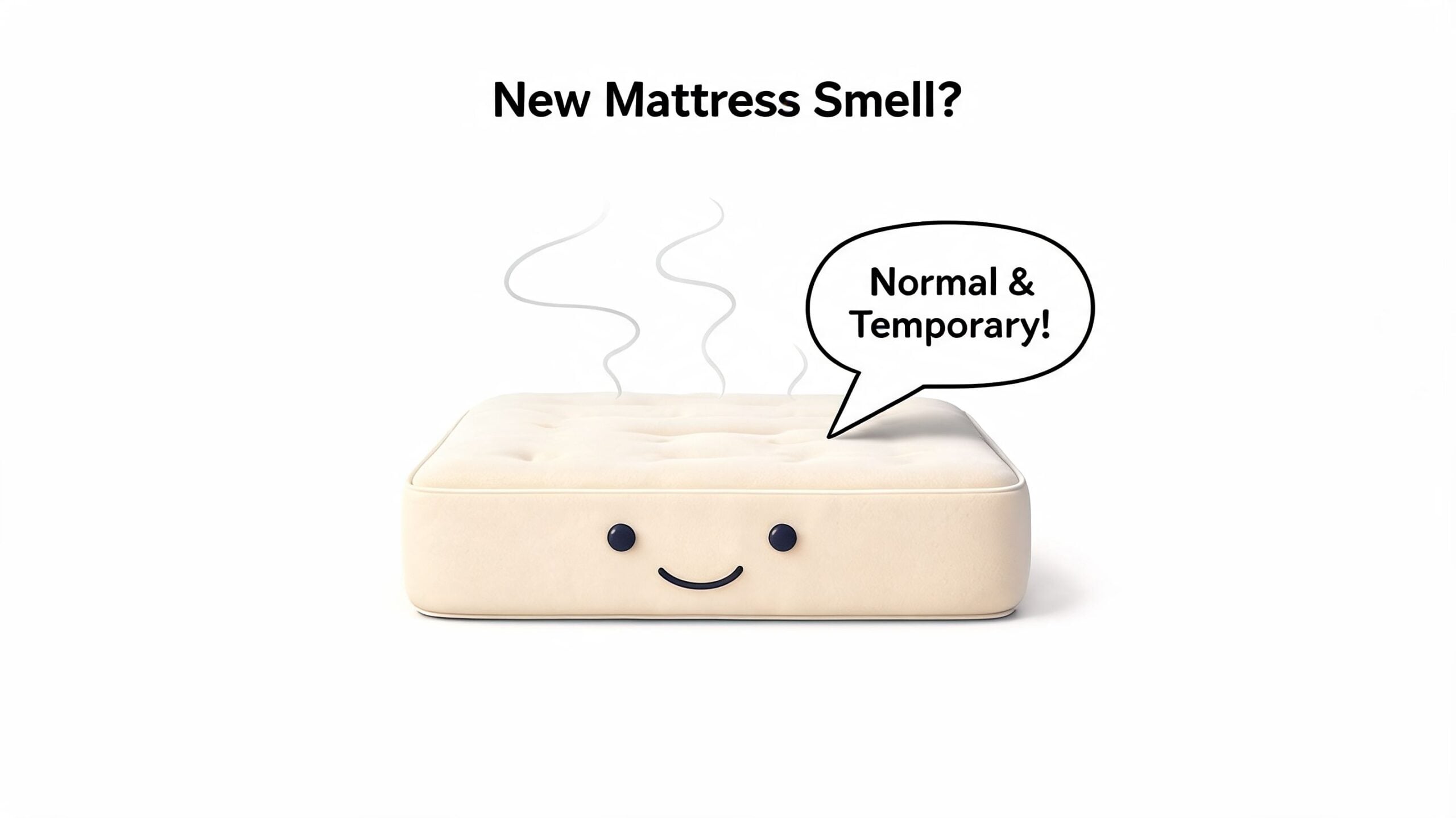 A smiling mattress character with a speech bubble saying New Mattress Smell is normal and temporary.