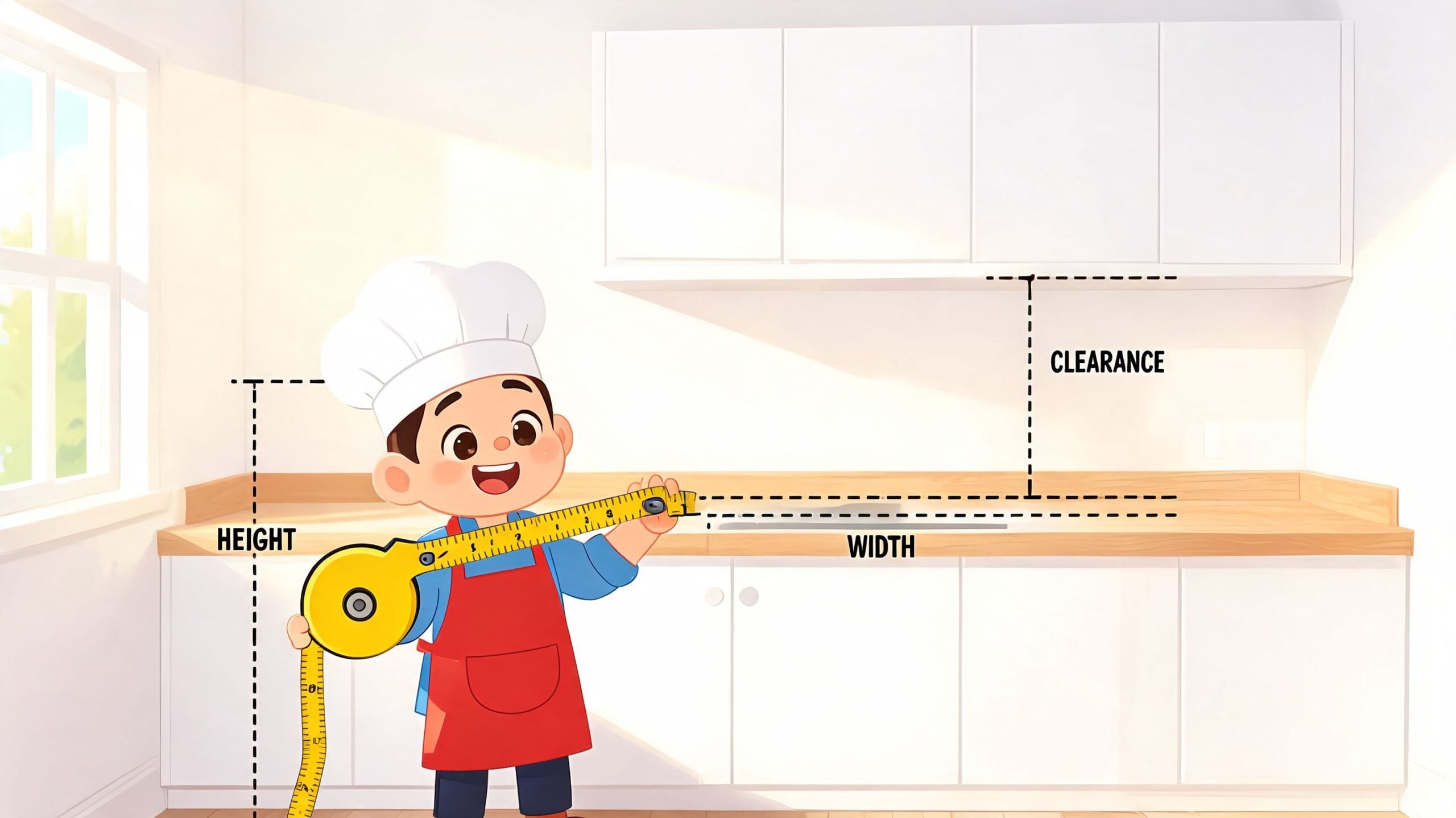 A cartoon chef character measuring kitchen counter dimensions in a bright, modern, minimalist kitchen space.