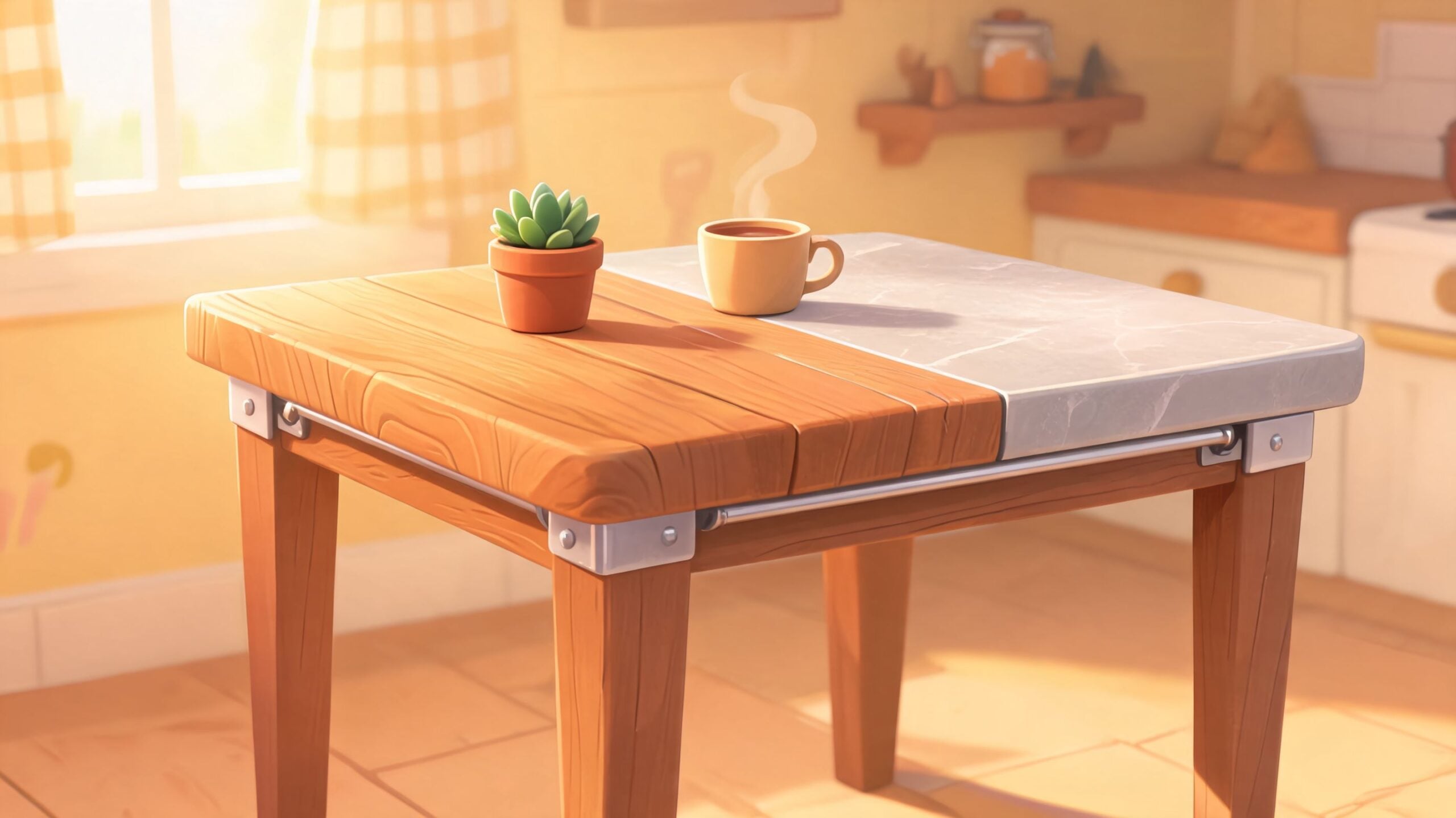A cozy, sunlit wooden and marble kitchen table featuring a small potted succulent and a steaming coffee mug.