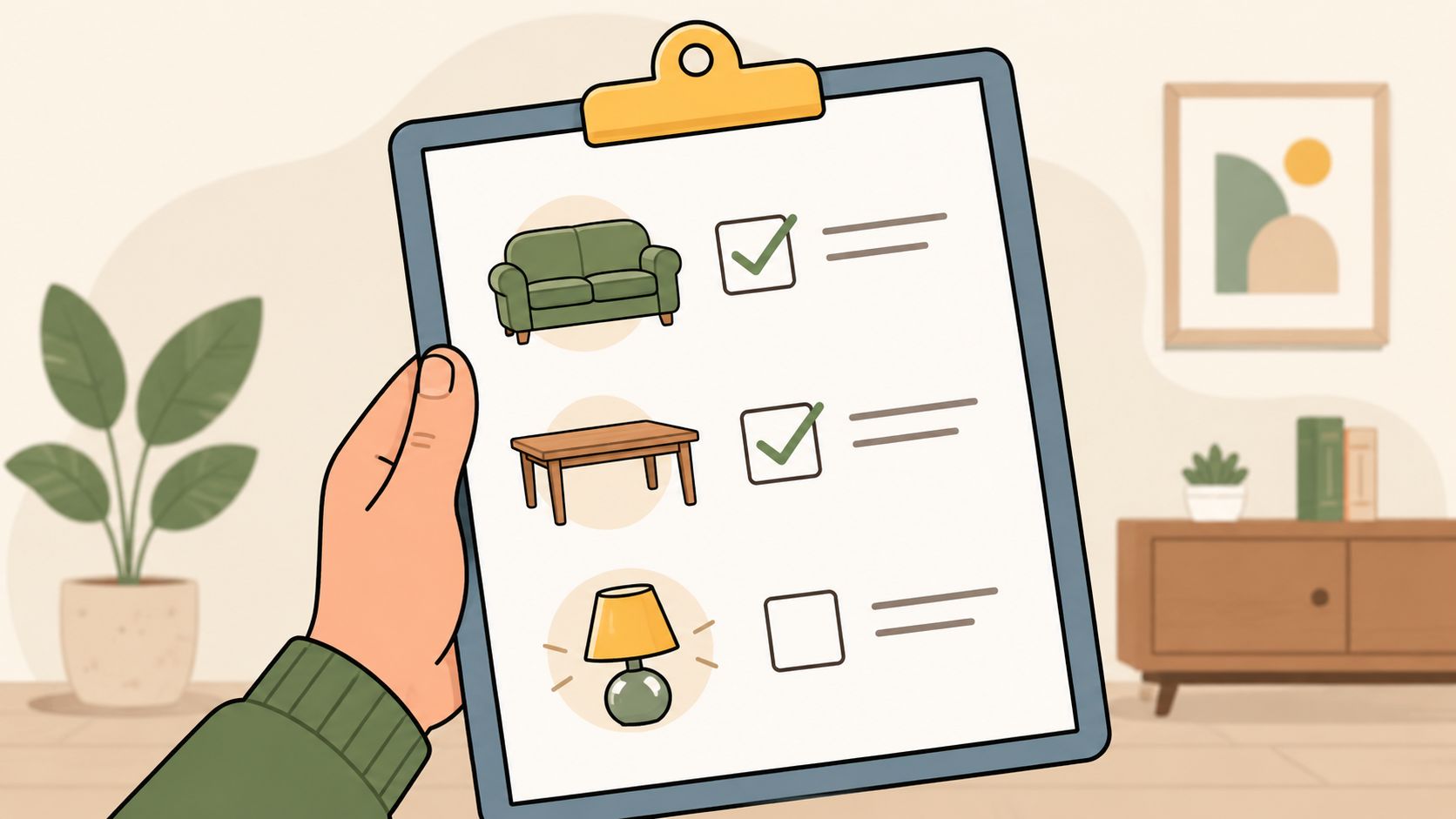 A hand holding a clipboard with a checklist of furniture items including a sofa and table.