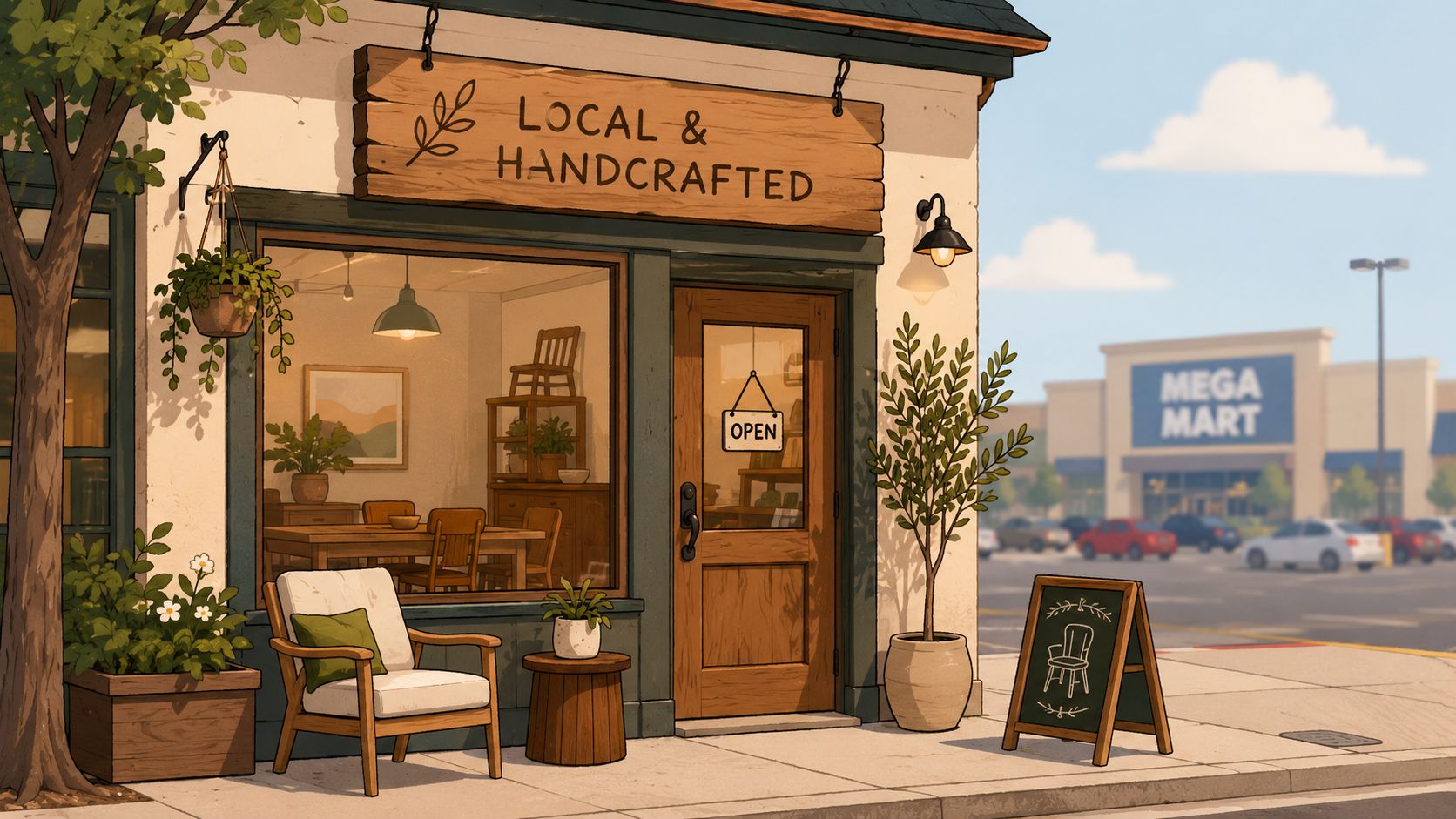 A cozy, charming local independent furniture store with an open sign next to a large Mega Mart.