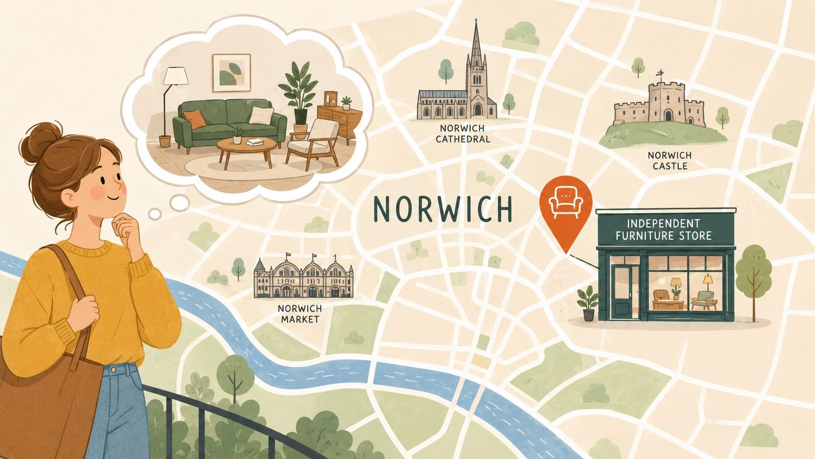 A woman looks at a map of Norwich, imagining a cozy furnished living room interior.