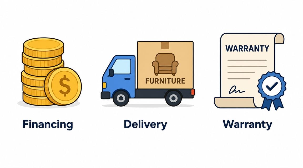 Icons representing financing, furniture delivery, and warranty services offered by independent furniture retailers.