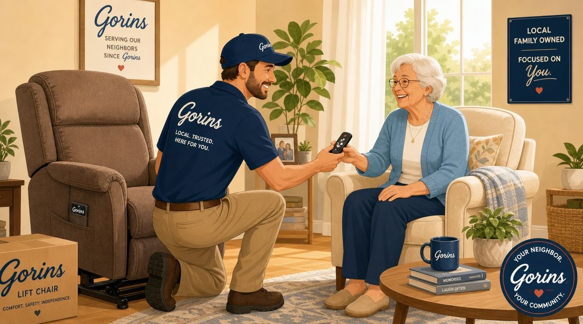 A friendly technician kneeling to hand a lift chair remote to a smiling senior woman in her home.