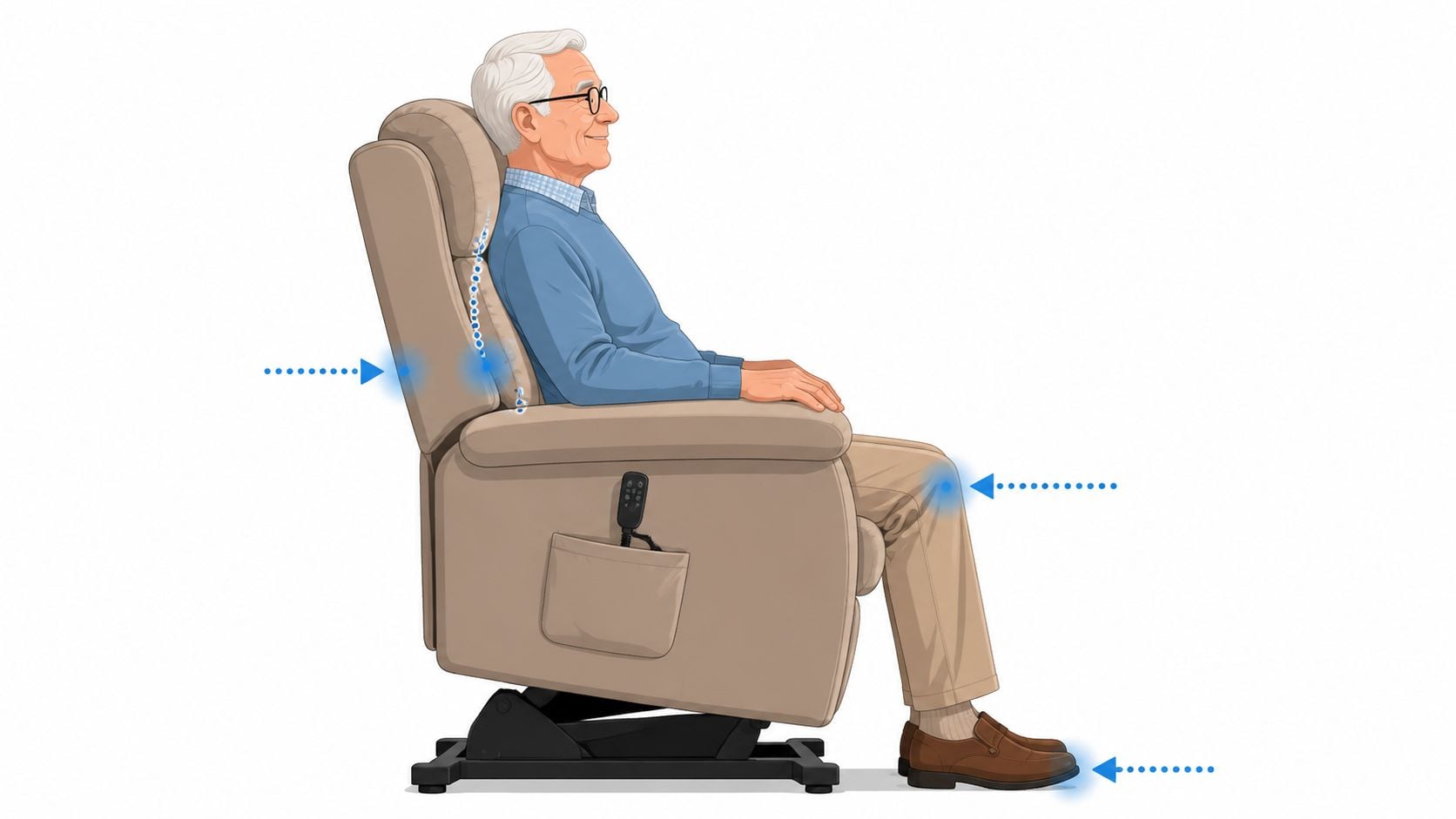 An elderly man sitting comfortably in a beige motorized lift chair designed for senior assistance.