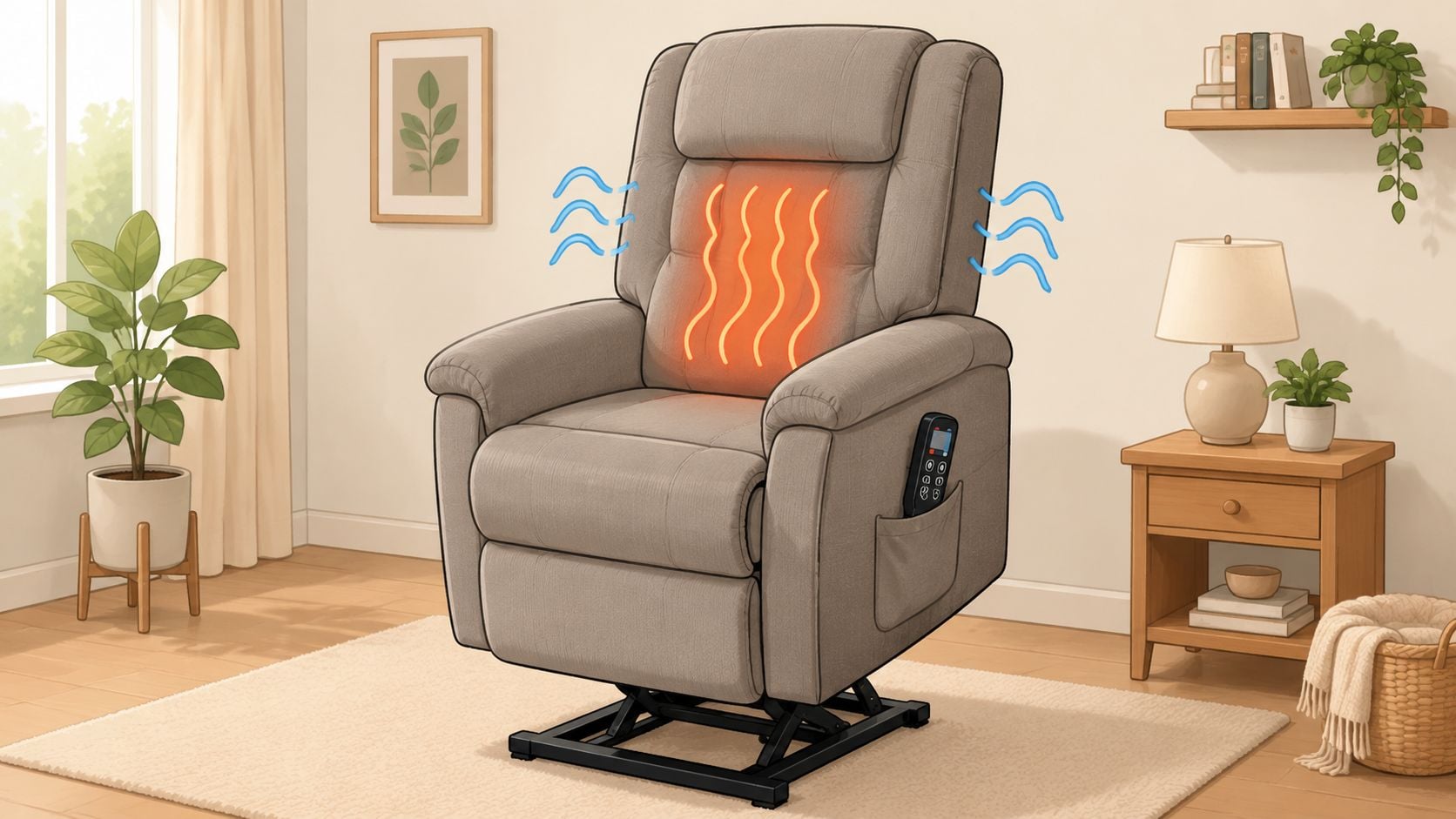 A beige power lift recliner chair featuring built-in heating elements, situated in a cozy living room setting.