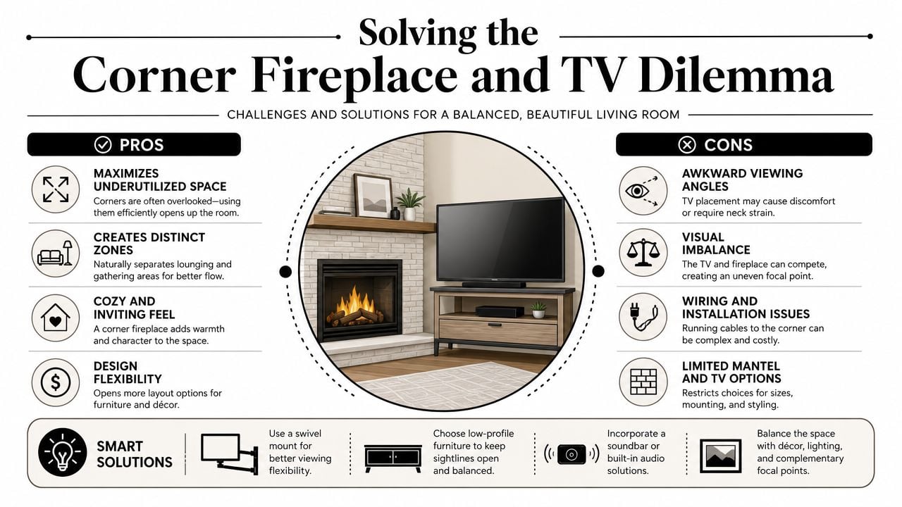A graphic explaining the pros and cons of placing a television near a corner fireplace with design tips.