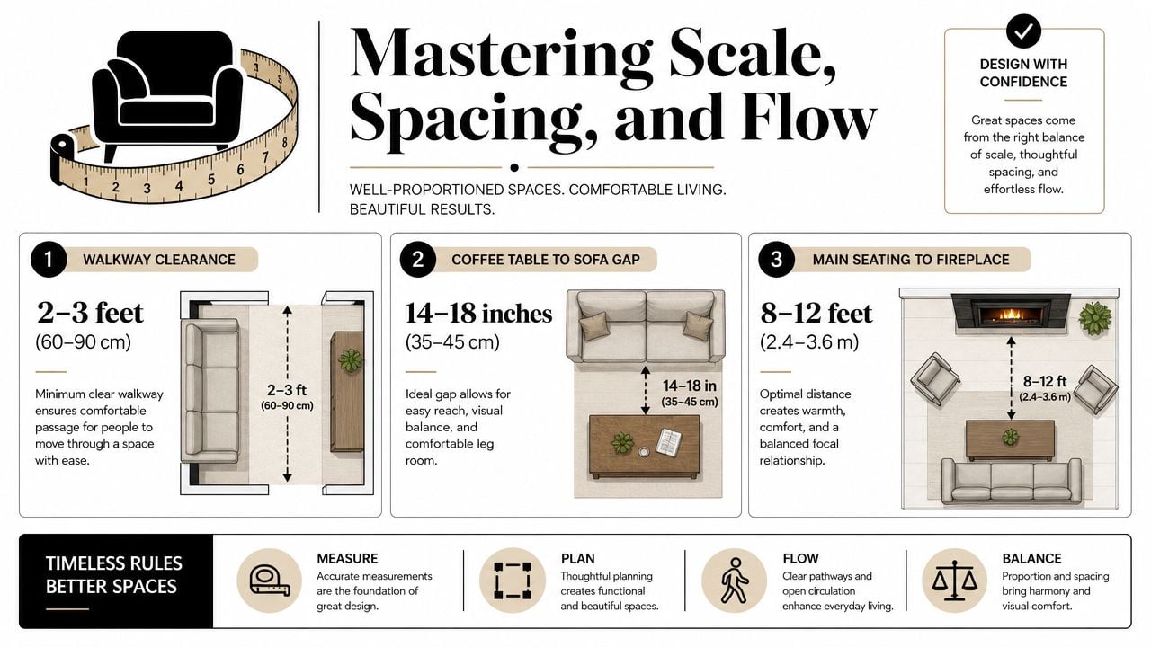 An infographic detailing essential interior design measurements for furniture spacing, walkways, and fireplace placement in living rooms.