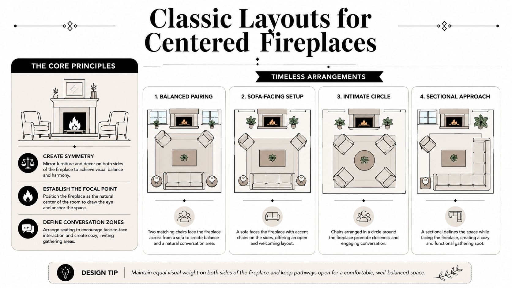 A diagram illustrating four classic furniture layout options for a living room with a centered fireplace.