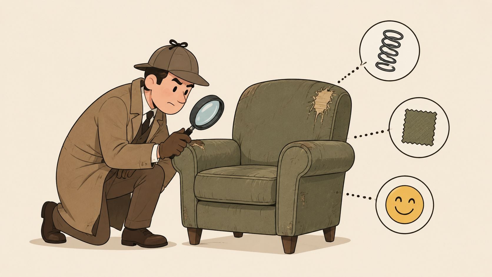 A detective examines a worn green armchair with a magnifying glass, with icons showing parts and condition.