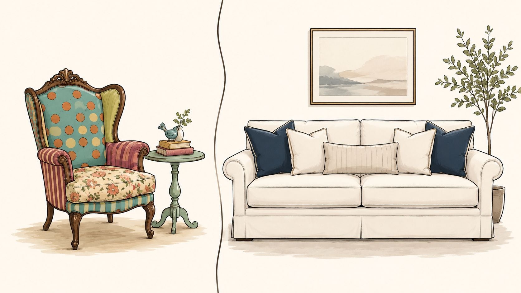 A split view illustration featuring a patterned vintage armchair and a classic cream sofa with decorative pillows.