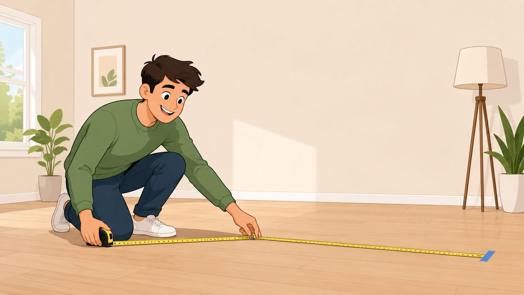 A young man kneeling on a wooden floor, using a tape measure to check room dimensions.
