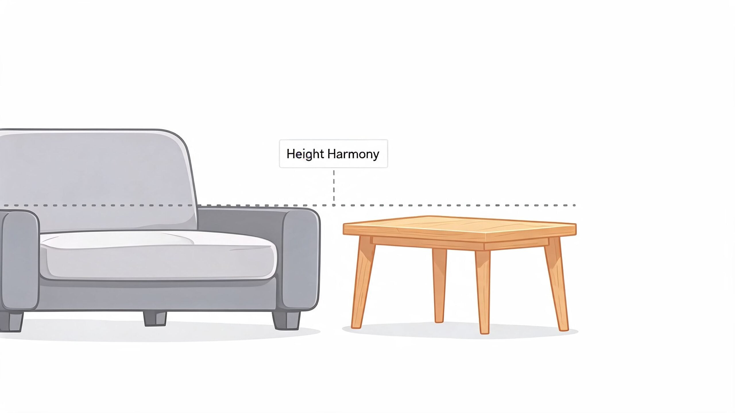 A graphical representation showing the ideal height harmony between a sofa armrest and a wooden coffee table.